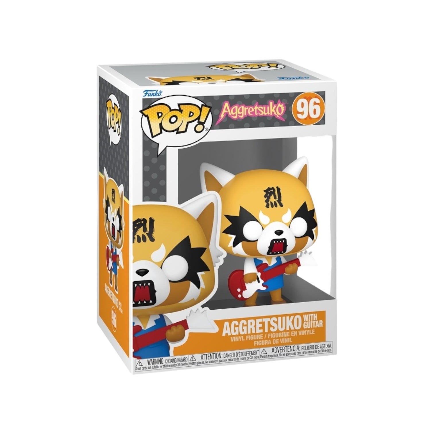 Aggretsuko displaying his traditonal yellow and white colour with a argry face holdoing a red guitar 