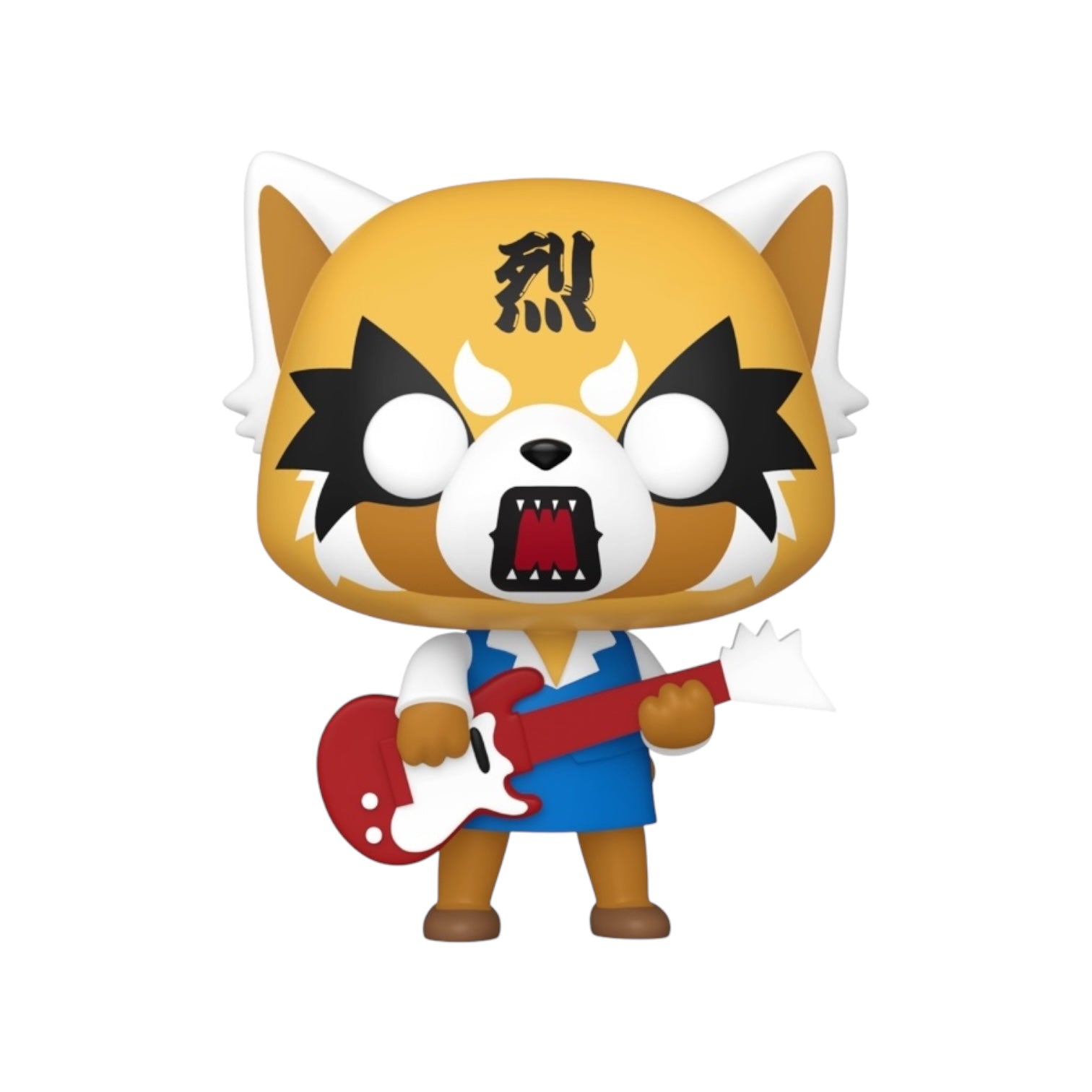 Aggretsuko displaying his traditonal yellow and white colour with a argry face holdoing a red guitar 