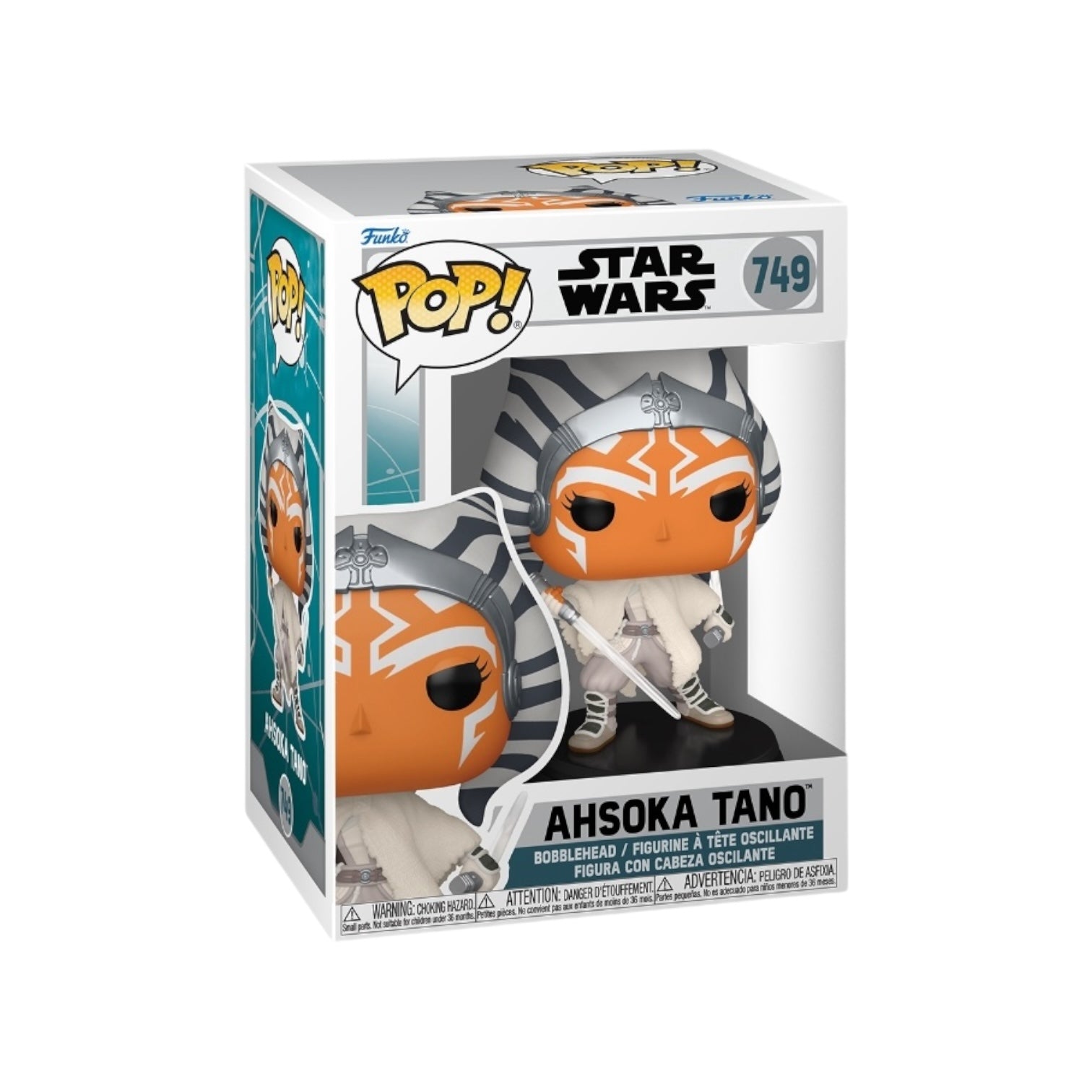 Ahsoka Tano Star Wars Funko Pop 749
 wearing he iconic white suit holding a white light saber in the right hand 