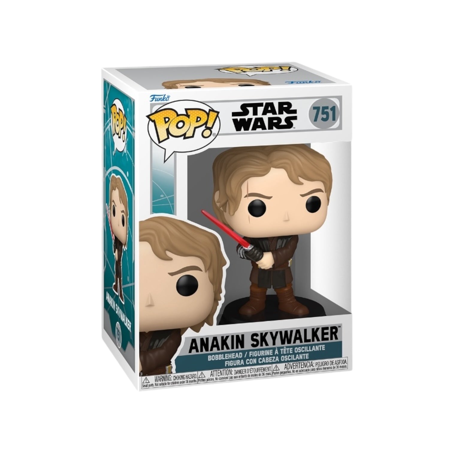 Anakin Skywalker wearing his brown outfit ,grasping with both hands a red light saber, in the external packaging 
