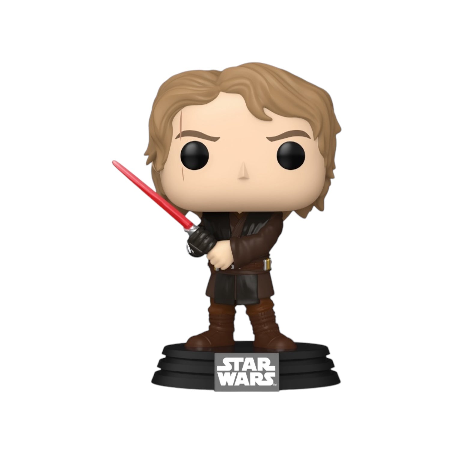 Anakin Skywalker wearing his brown outfit , grasping with both hands a red light saber out of his external packaging 