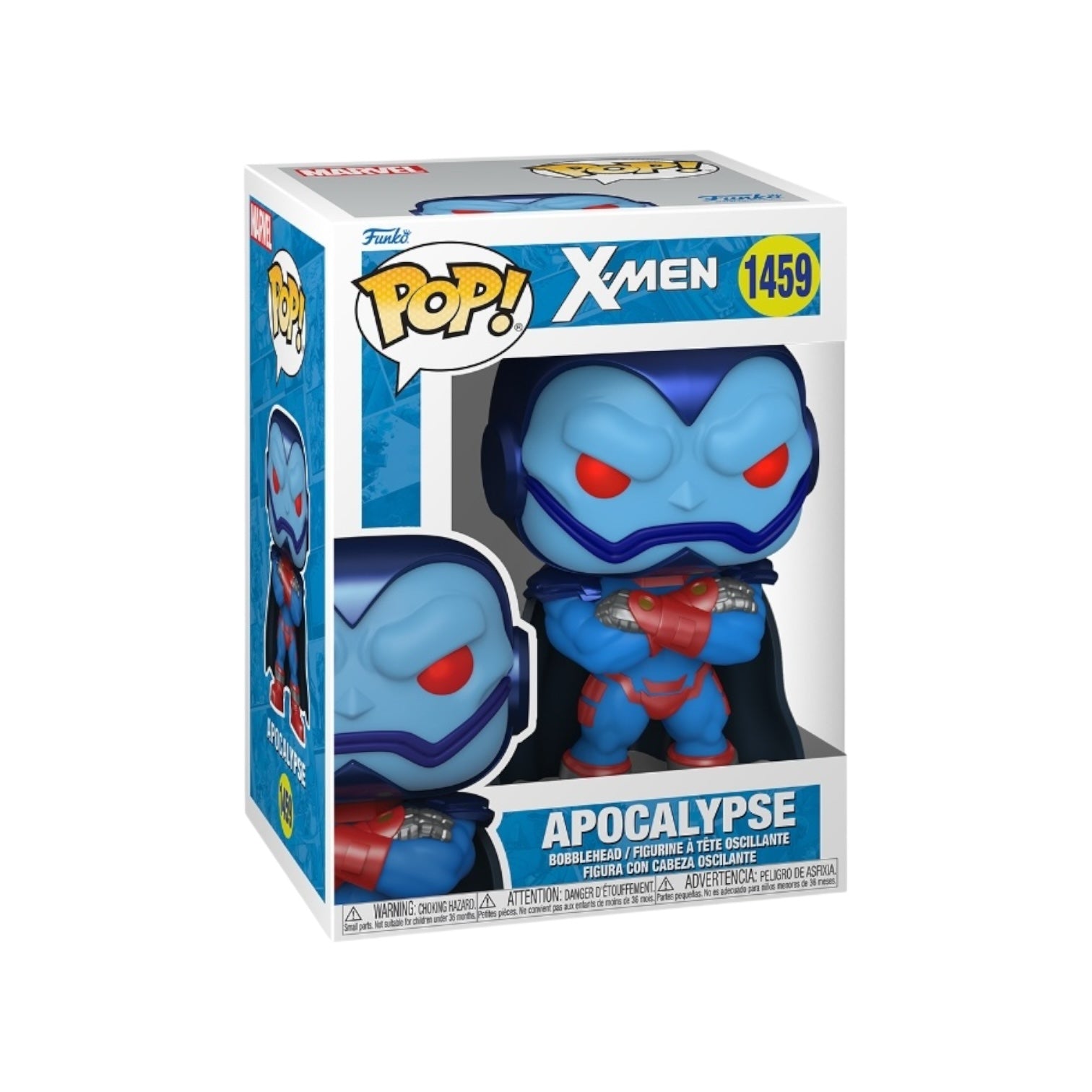 he figure features a stylized design with a blue face, intense red eyes, and an expression showing authority and menace. He’s wearing his signature blue and red armor, with his arms crossed, and has a blue cape.
