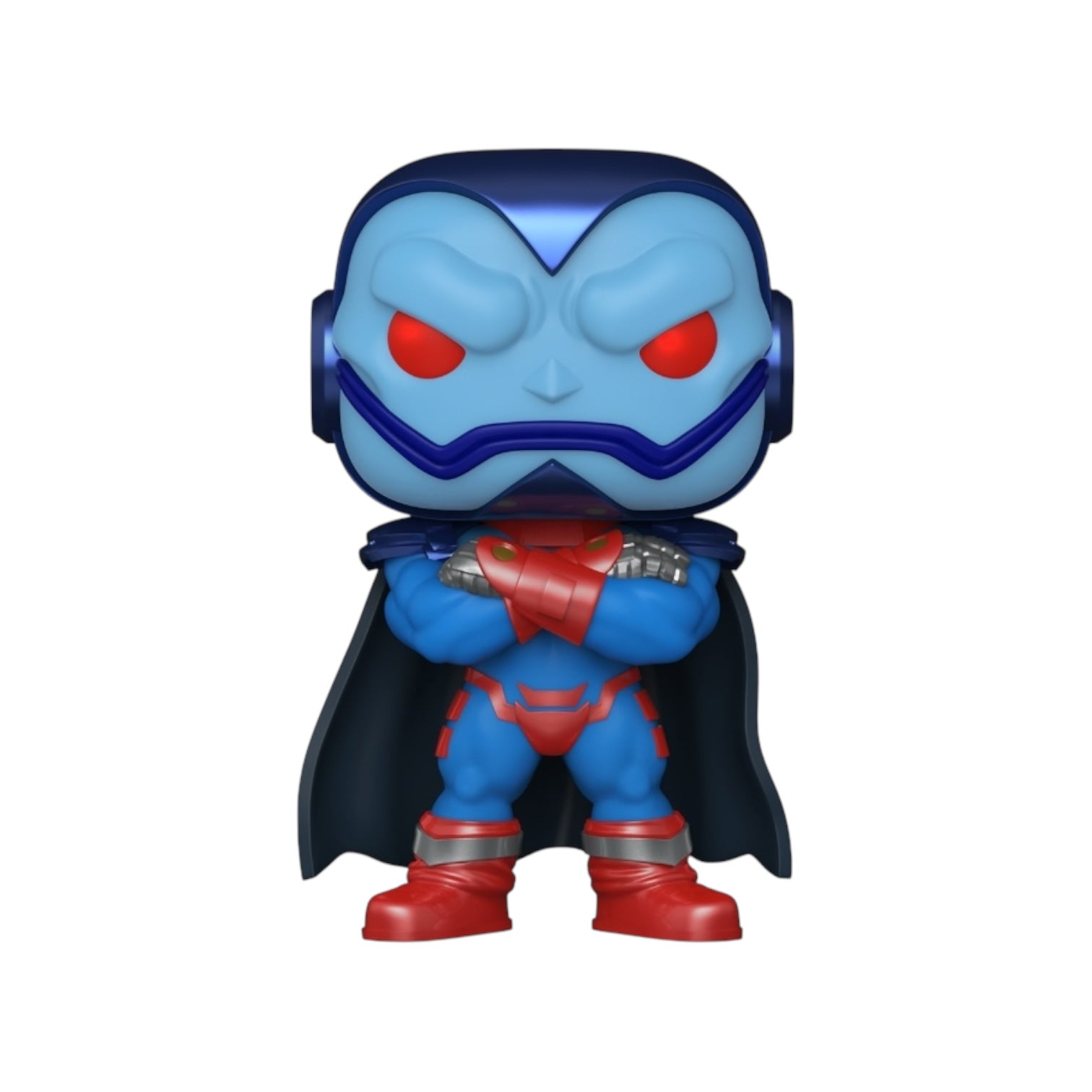 he figure features a stylized design with a blue face, intense red eyes, and an expression showing authority and menace. He’s wearing his signature blue and red armor, with his arms crossed, and has a navy blue cape