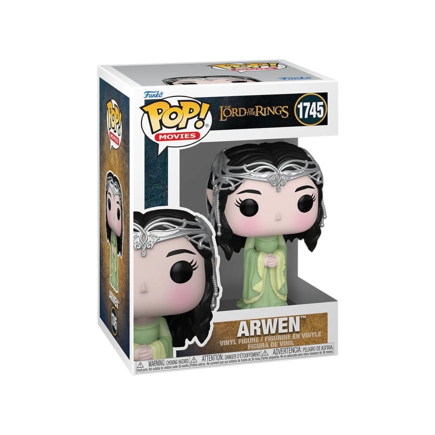 Arwen wearing a long green dress , with sliver head piece 