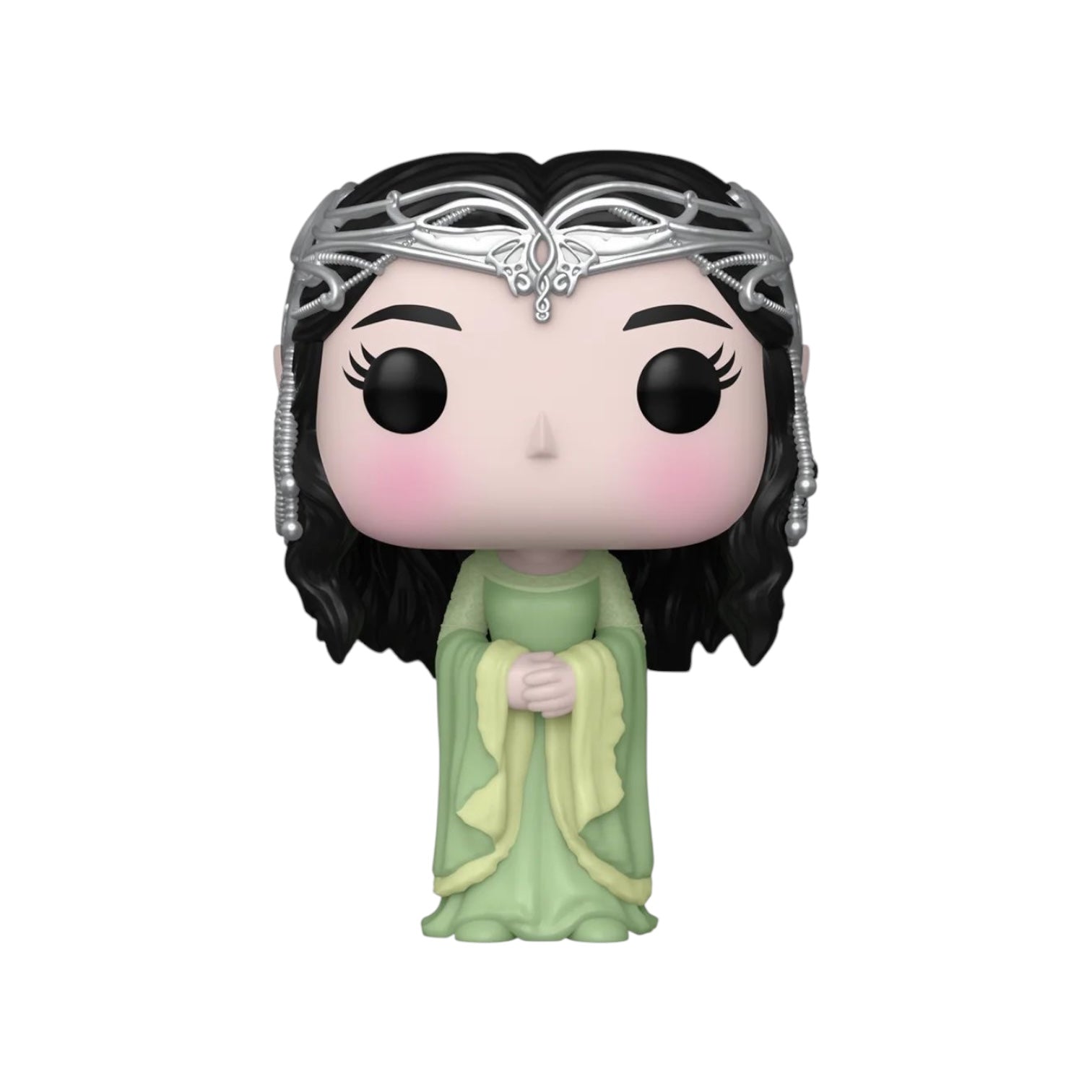 Arwen wearing a long green dress , with sliver head piece 