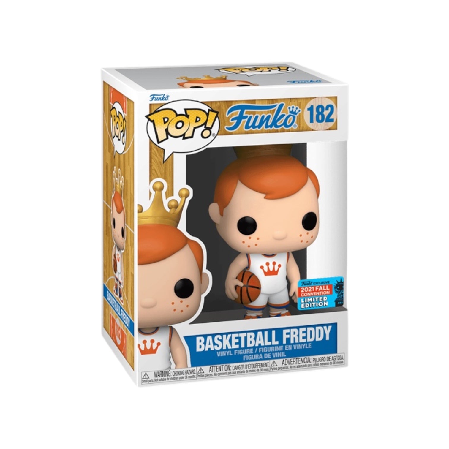 Freddy Funko dressed in white basketball attire holding a basketball.