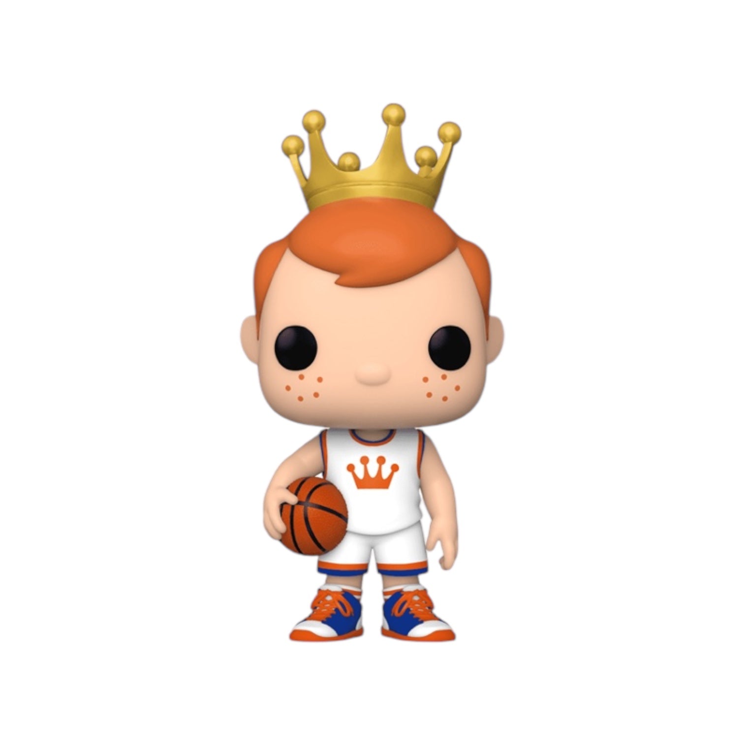 Freddy Funko dressed in white basketball attire holding a basketball.