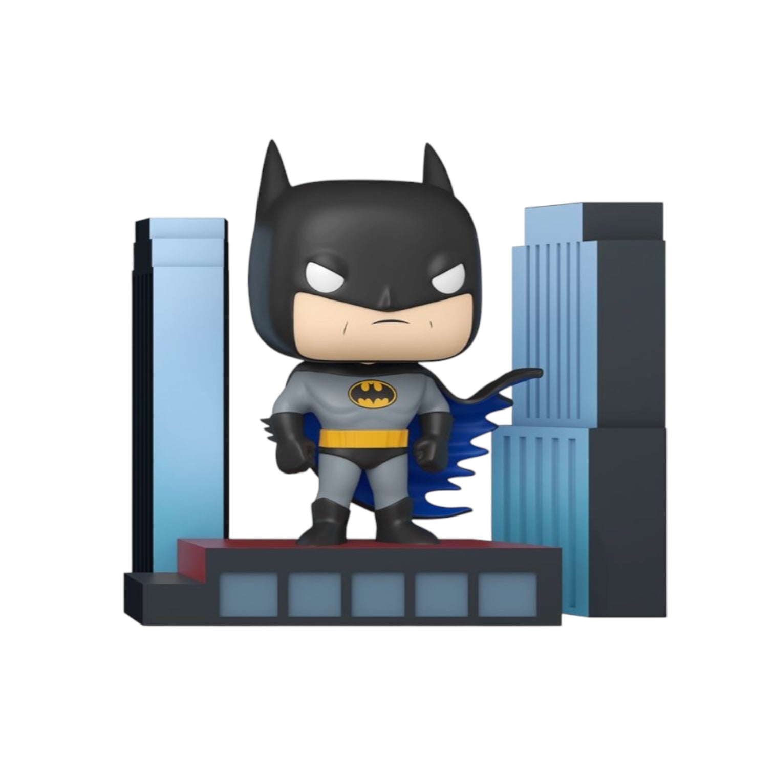 Batman deluxe pop animated batman standing on a building in gotham city 