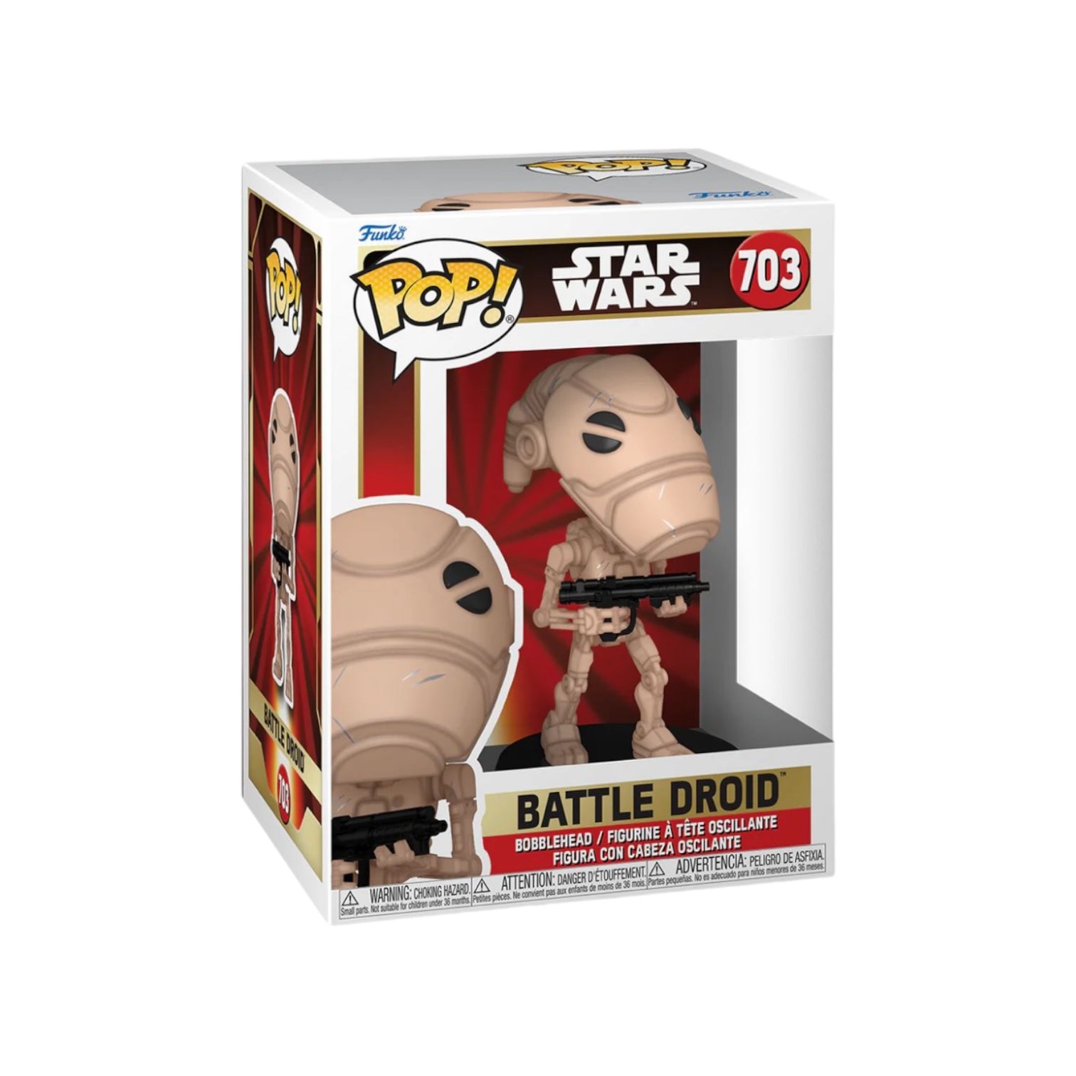 Funko Pop! figure of Battle Droid #703 from Star Wars, showcasing its iconic design and features in vibrant colors.