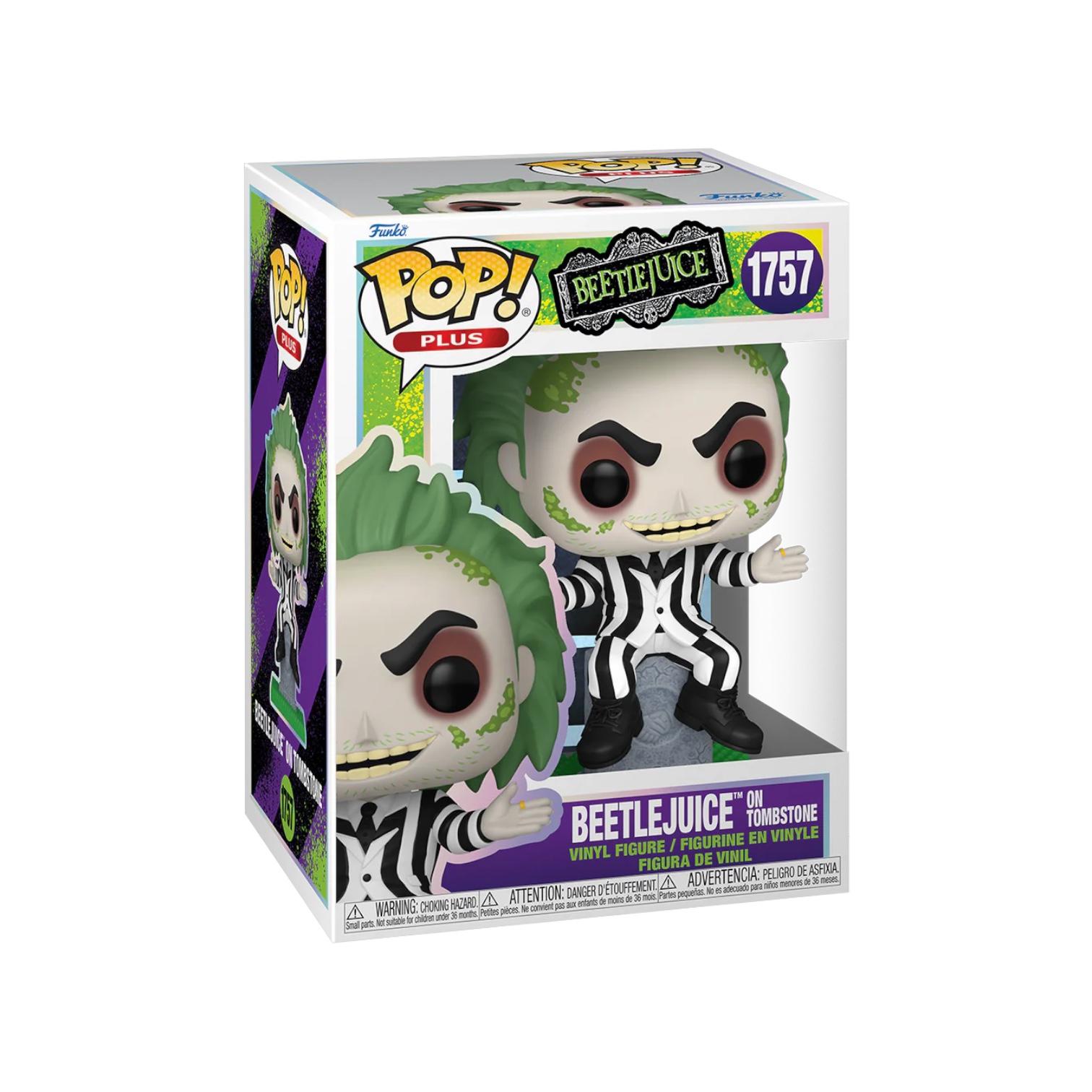 Beetleuice his iconic striped suit to his wild hair and mischievous grin, sitting on a tombstone