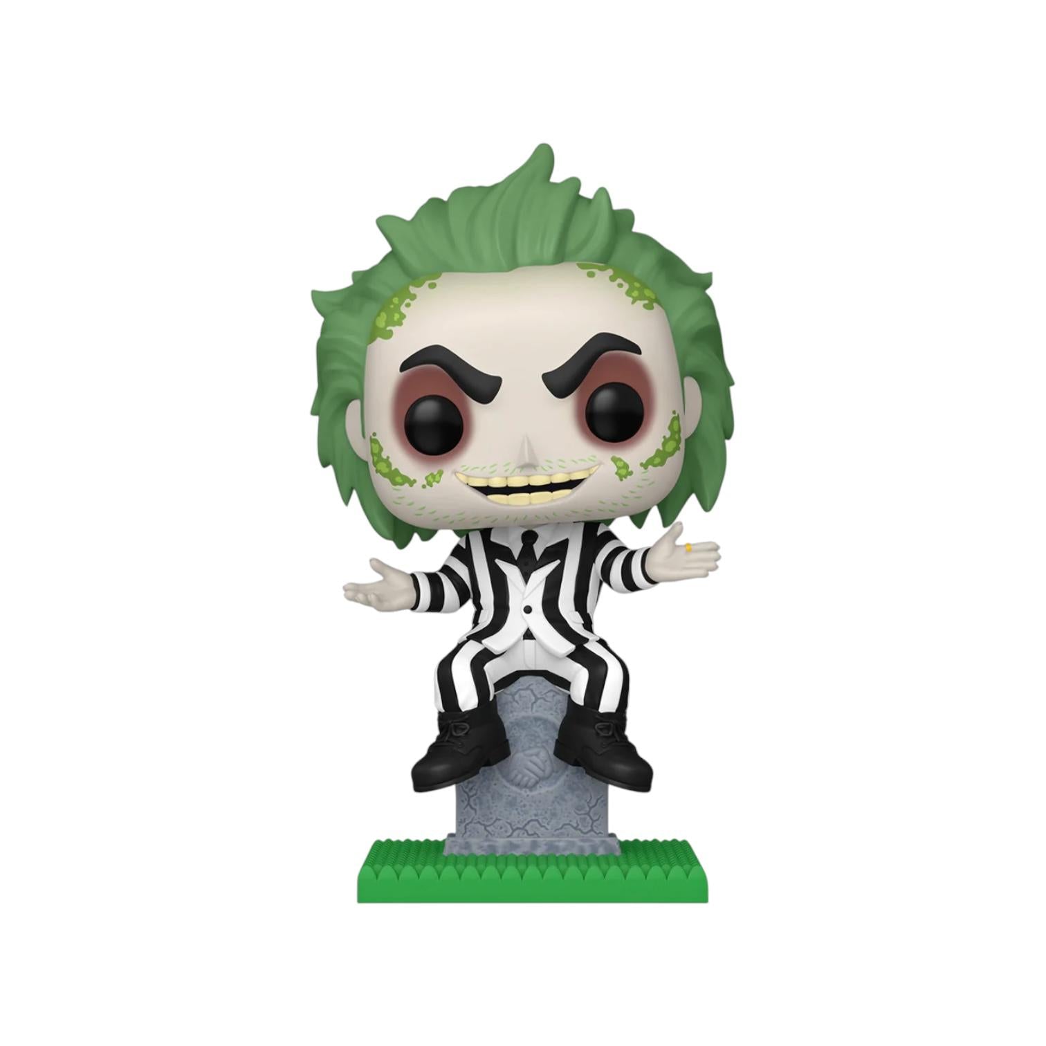 Beetleuice his iconic striped suit to his wild hair and mischievous grin, sitting on a tombstone