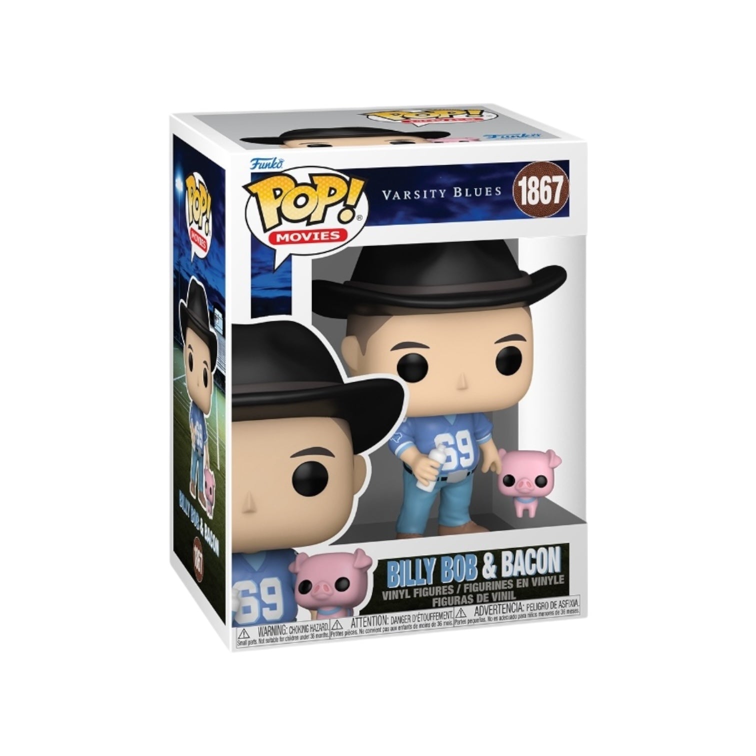 A pop vinyl figure of Billy Bob in a hat and jeans, holding a bottle for  Bacon the pig, showcasing a whimsical character design