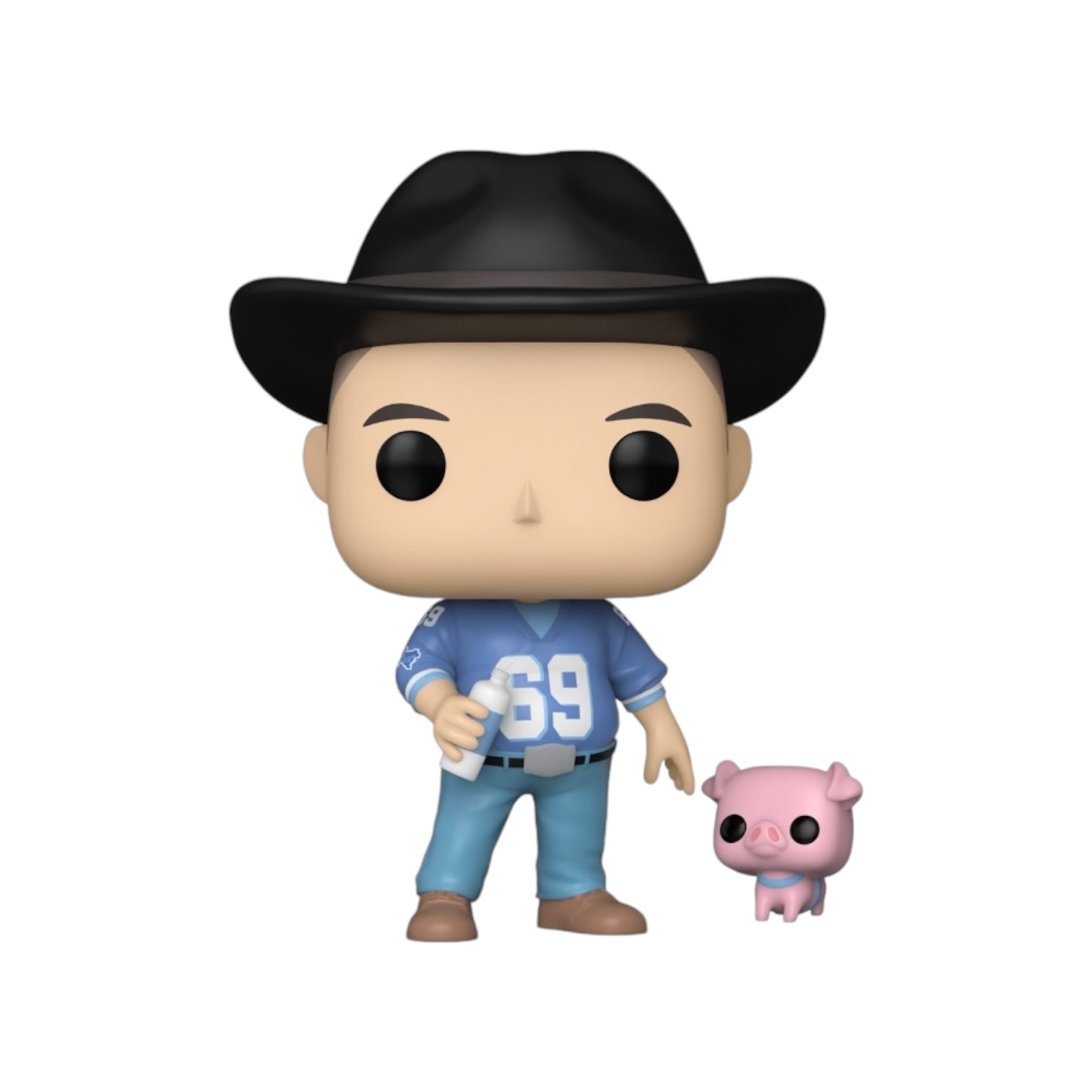 A pop vinyl figure of Billy Bob in a hat and jeans, holding a bottle for Bacon the pig, showcasing a whimsical character design