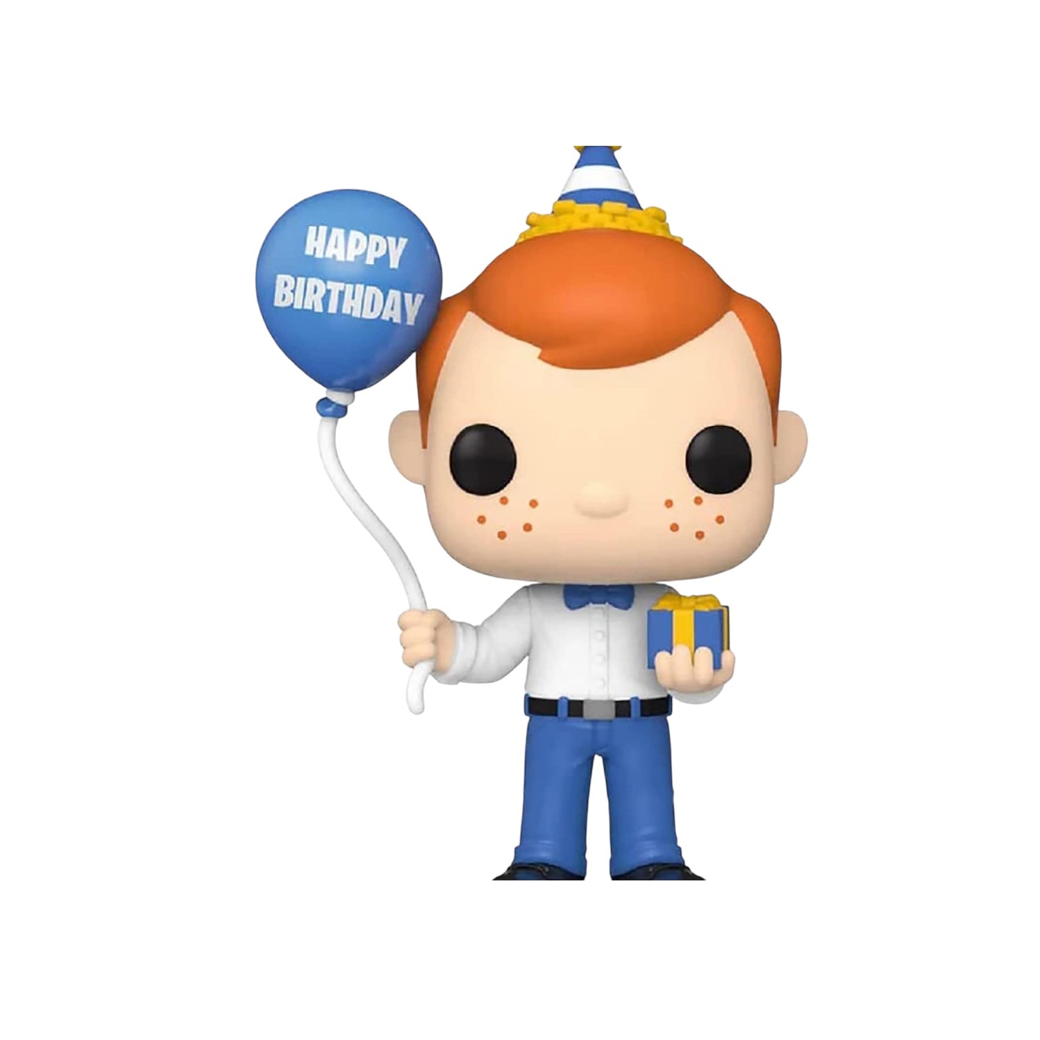 Freddy Funko holding a blue Happy Birthday balloon and a present with a birthday hat on.