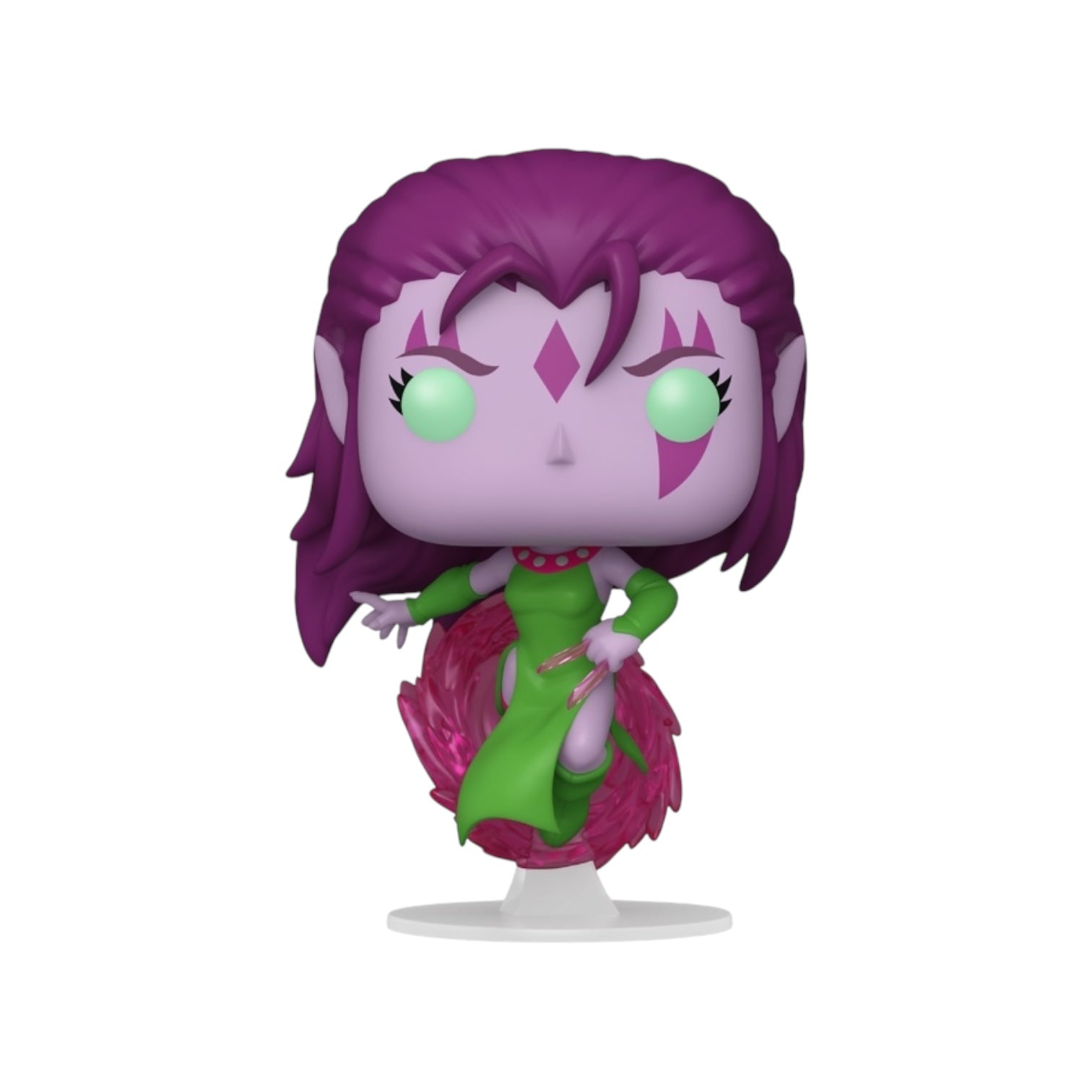 the figure has purple skin, green glowing eyes, and magenta hair. Her outfit is a green dress, and she’s depicted in a dynamic, action-ready pose.