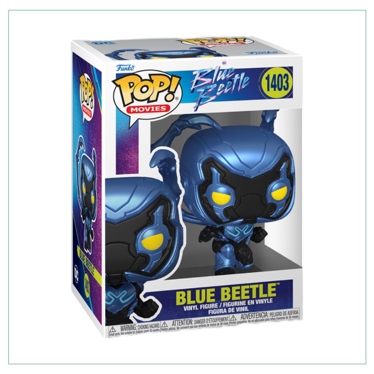 Funko Pop! figure of Blue Beetle #1403, showcasing the character in vibrant blue and yellow colors with a dynamic pose.