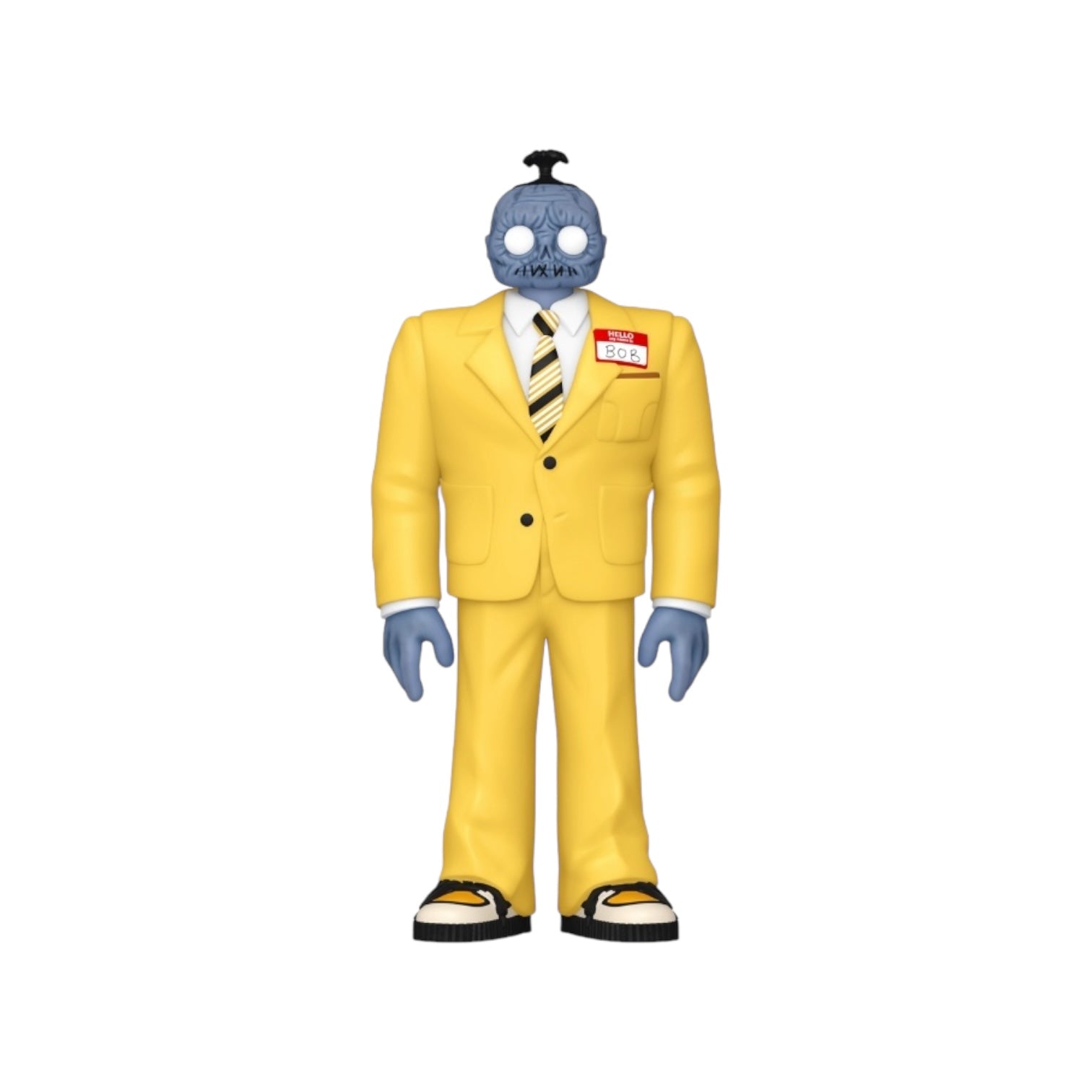 Pop vinyl figure of Bob from Beetlejuice wearing a bright yellow suit, showcasing a playful and vibrant design.