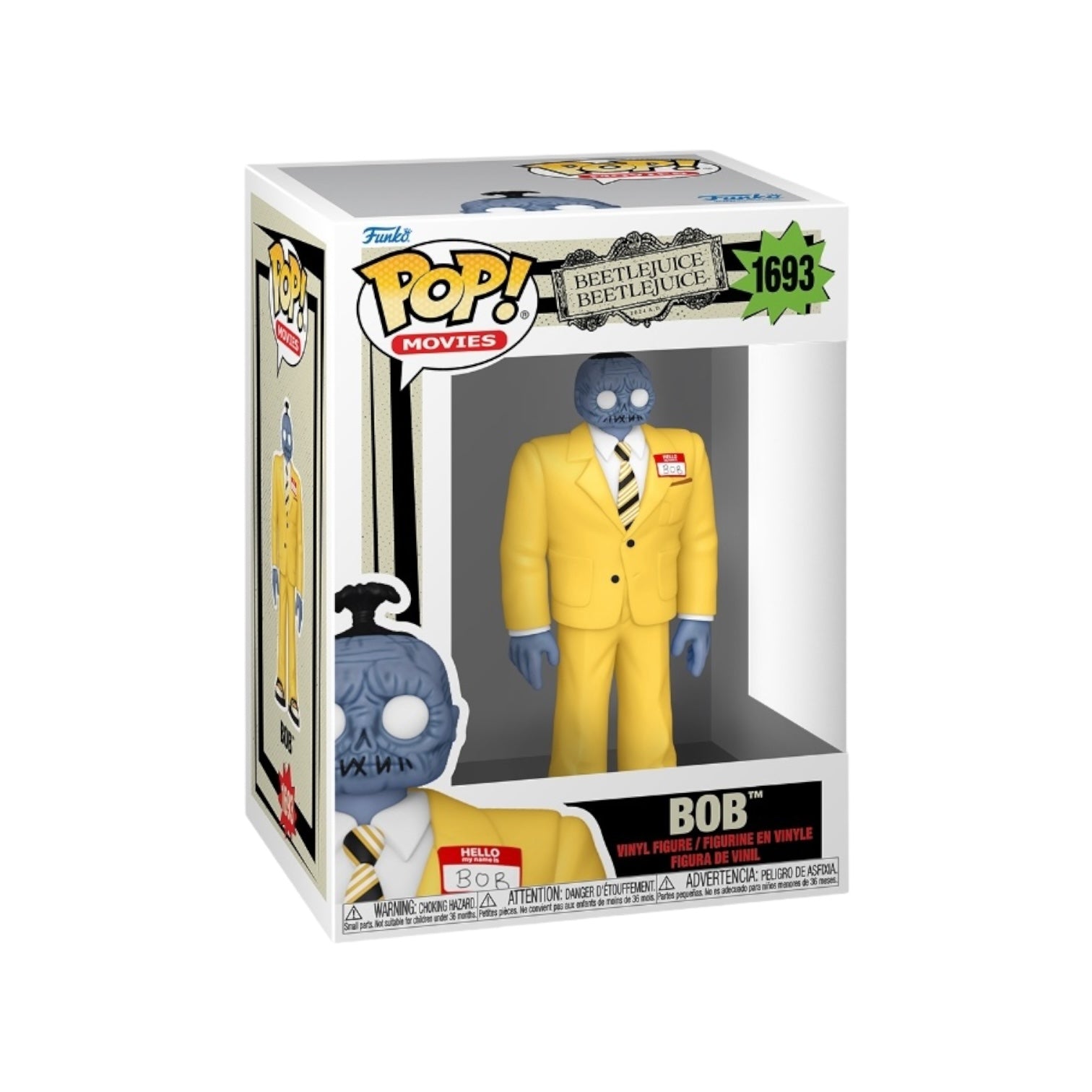 Pop vinyl figure of a Bob wearing a bright yellow suit, showcasing a playful and vibrant design.