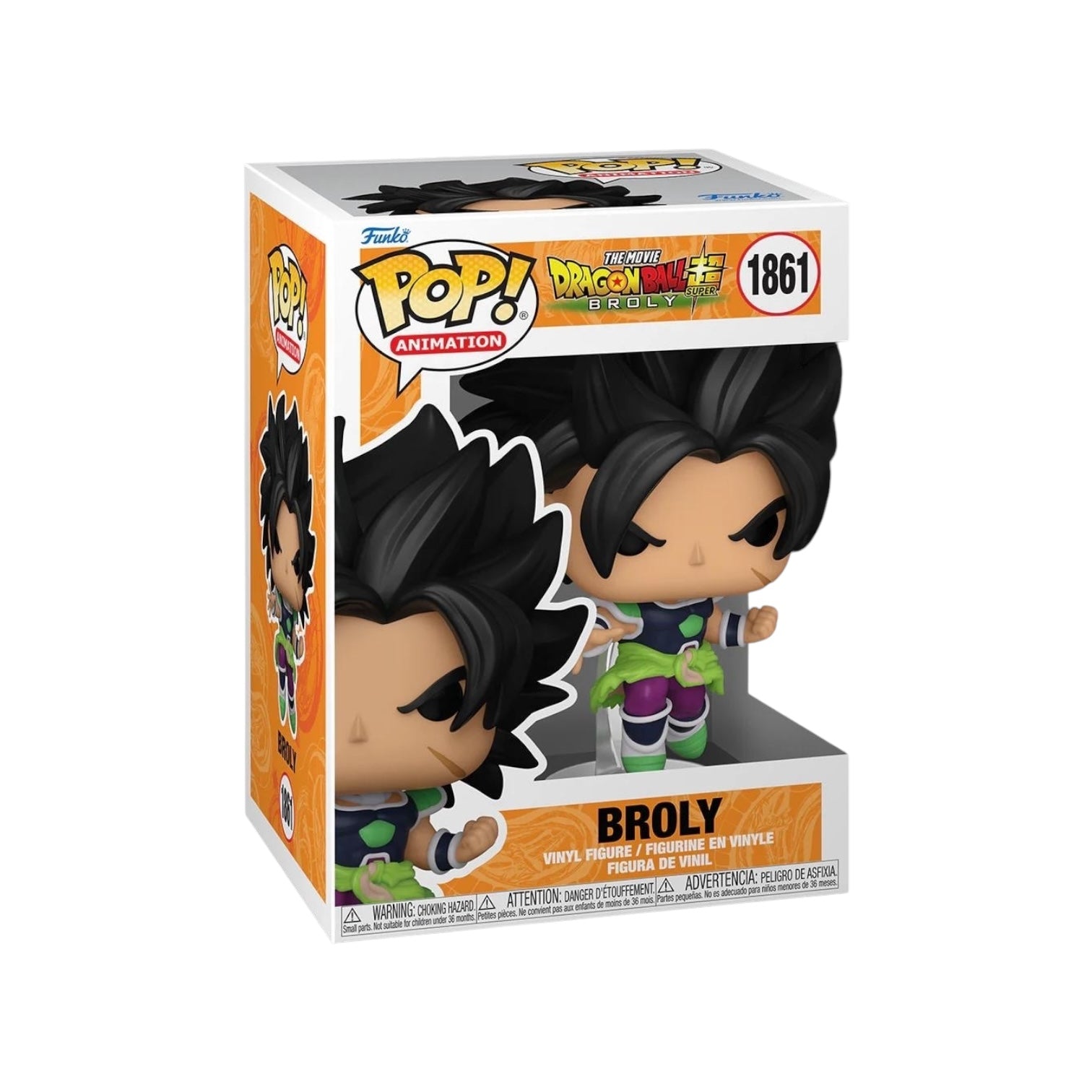 Broly in a leaping stance wearing purple trousers and green jacket around his wait, with a clenched fists 