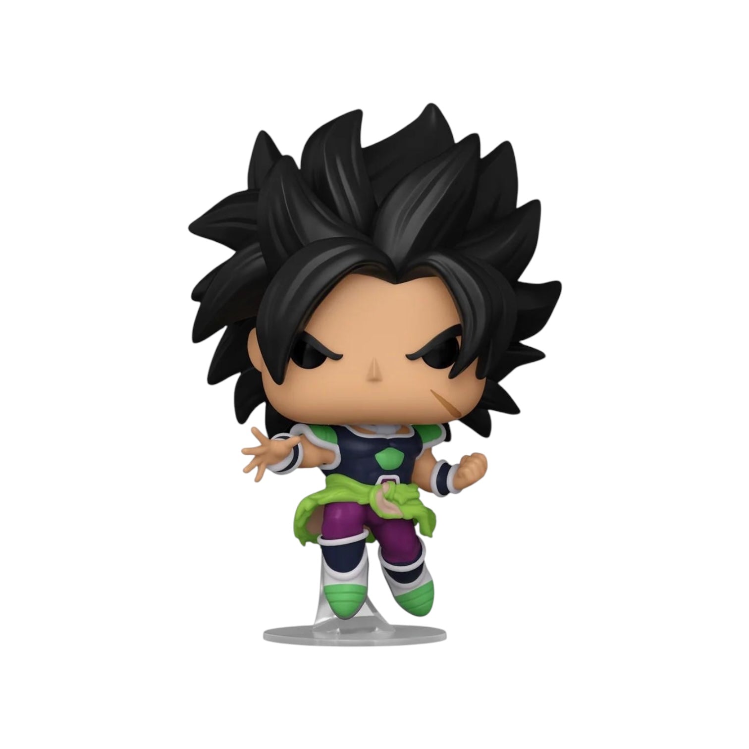 Broly in a leaping stance wearing purple trousers and green jacket around his wait, with a clenched fist