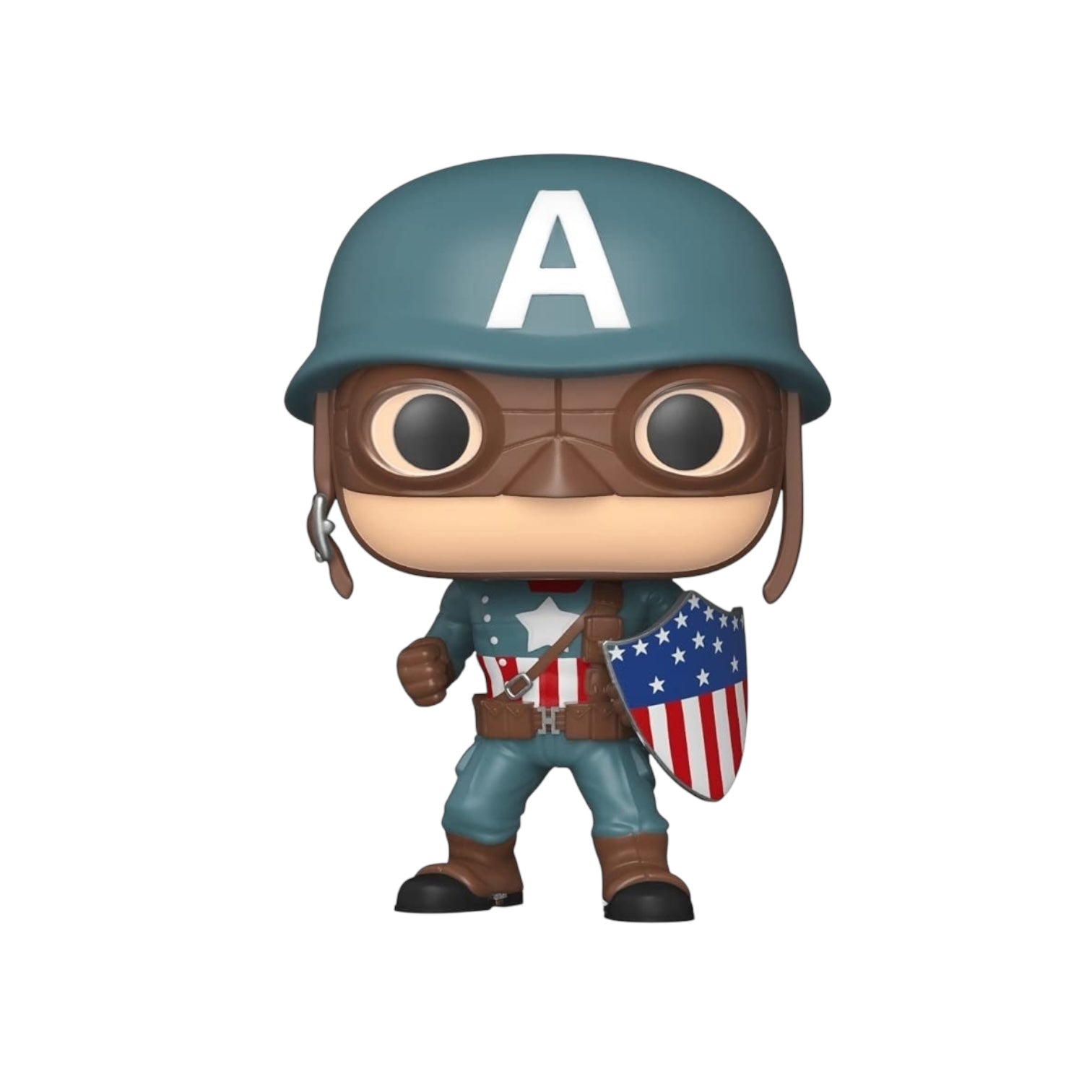 Captain America dress with a helmet with a large A on, holding an American flag printed shield. 