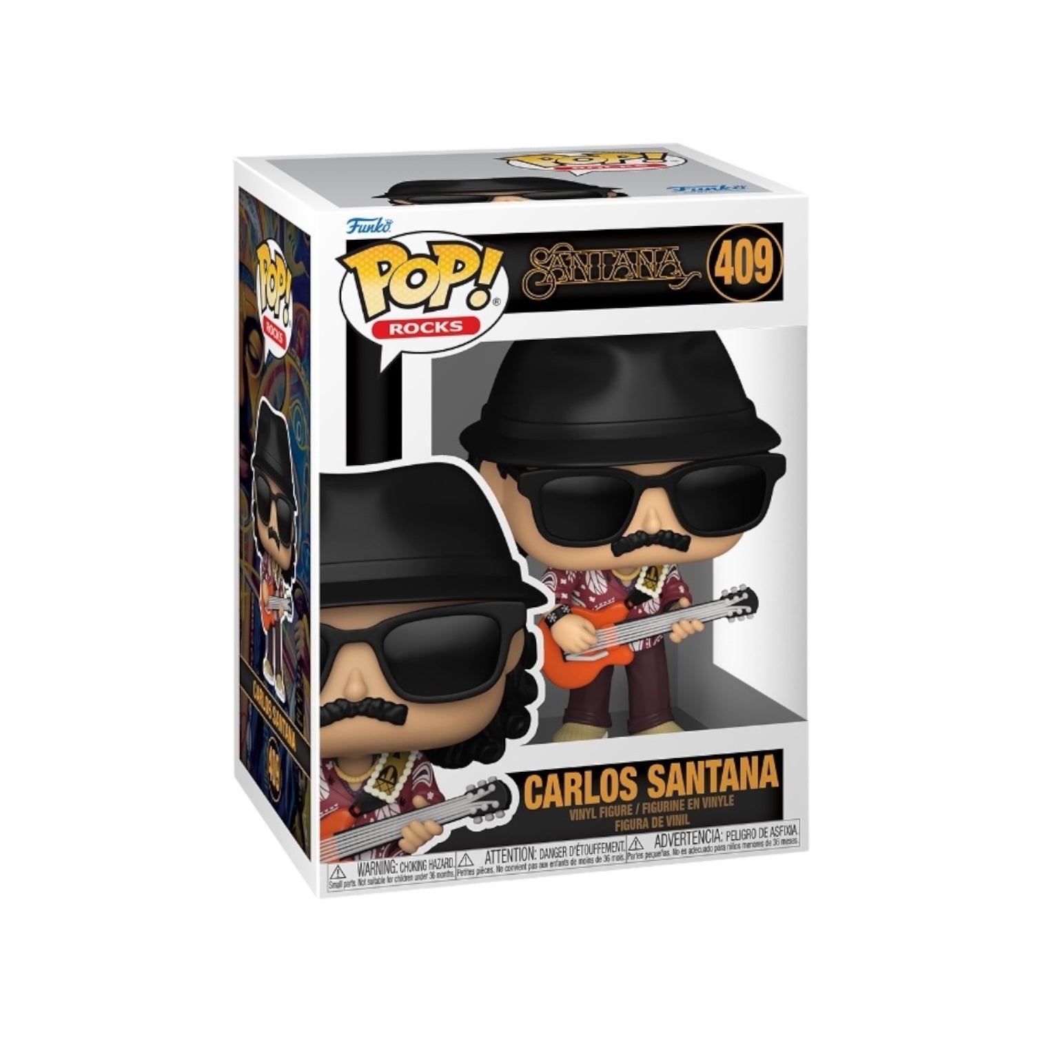 Funko Pop! figure of Carlos Santana, #409, showcasing the legendary musician in a vibrant and collectible design.