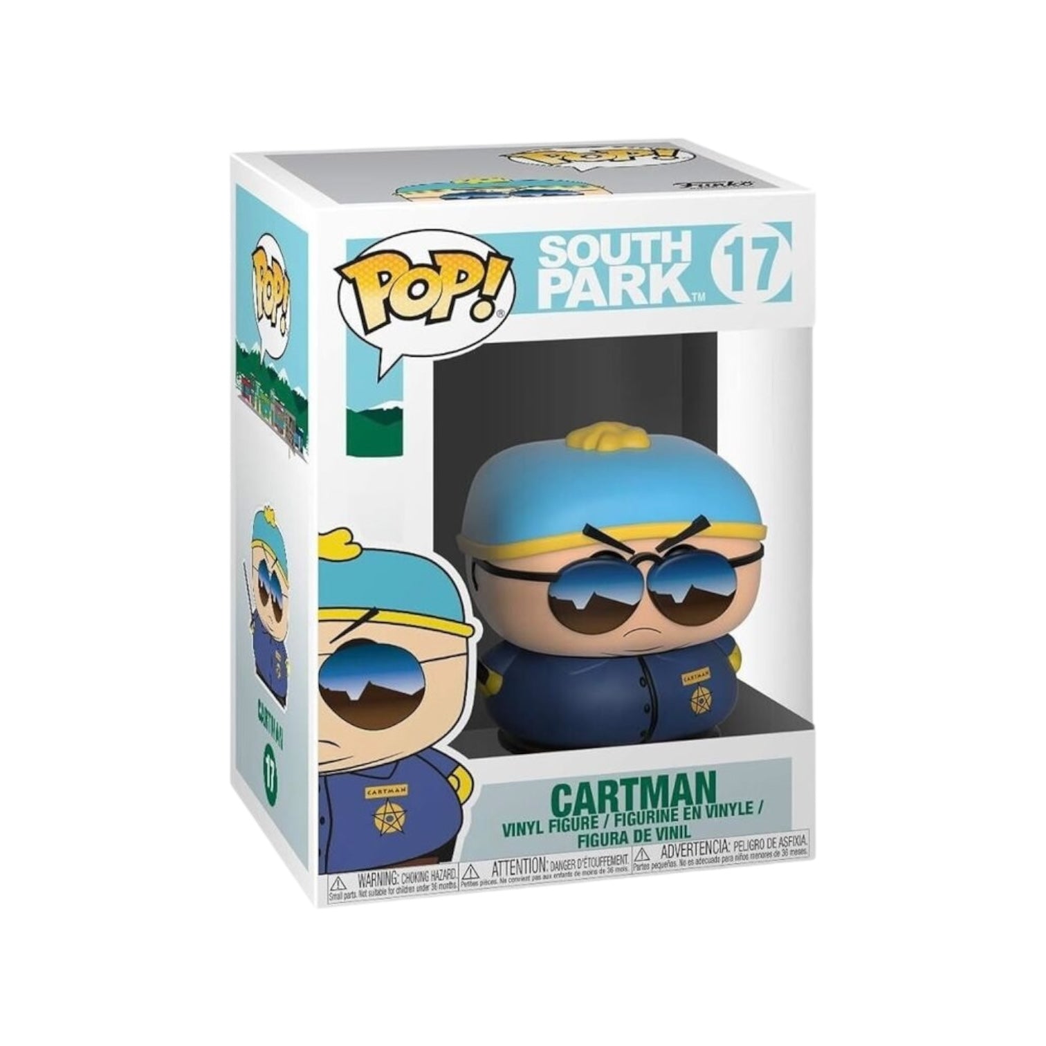 Cartman #17 Funko Pop! from South Park, featuring his classic outfit with a red jacket and blue hat, ready for display.
