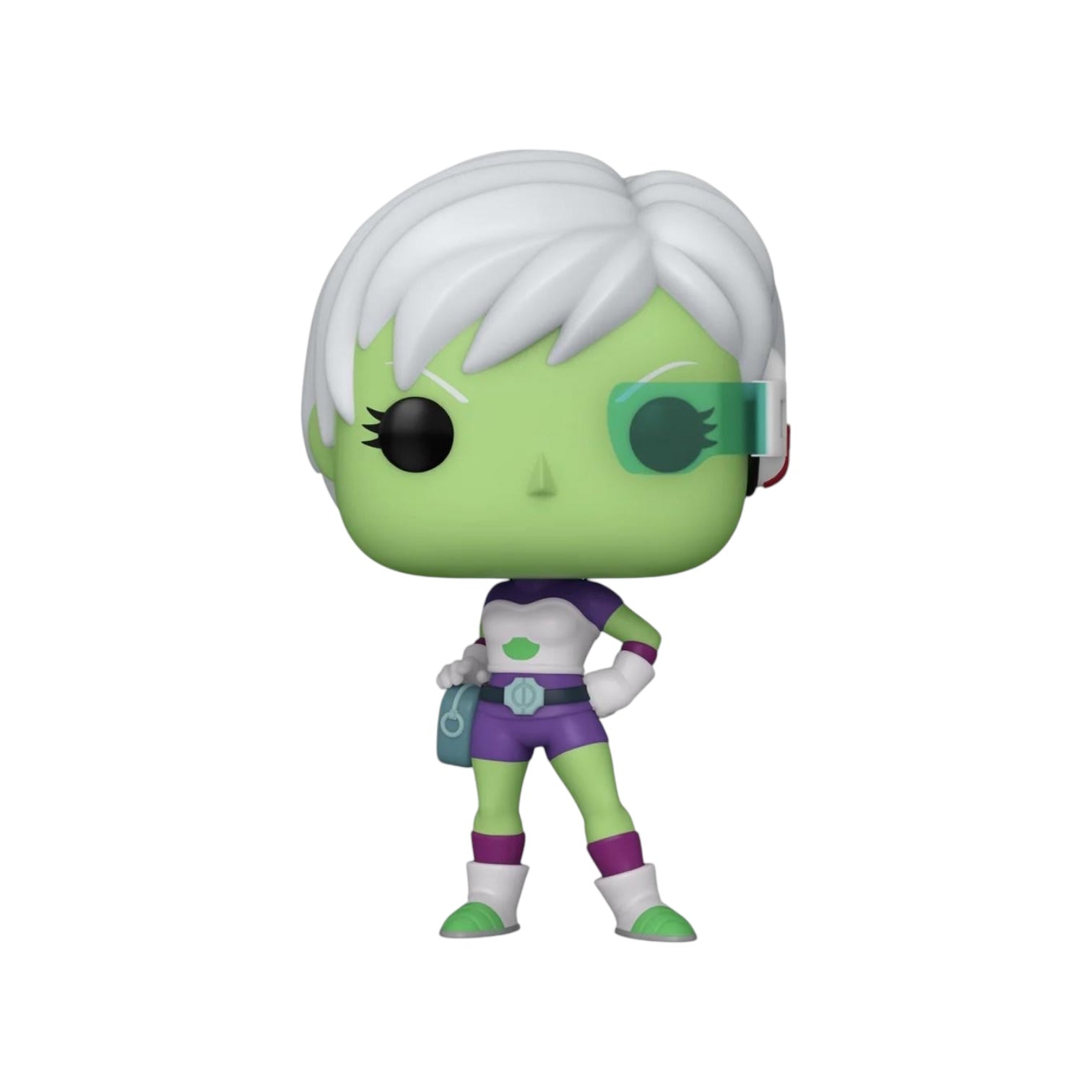 Green character wearing white glove shoes and t-shirt with purple shorts, they have white hair and eye piece 
