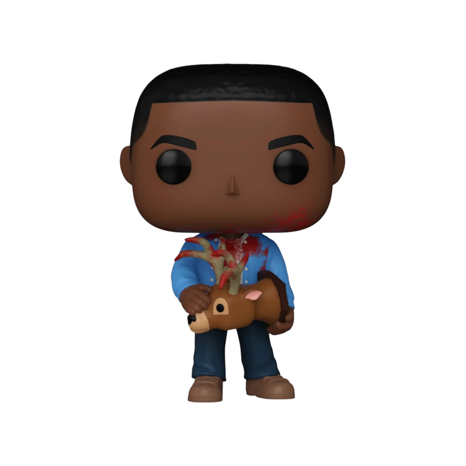 Chris Washington for the movie Get Out hold a deer head with what look like blood stained antlers, wearing a blue (blood) Stained shirt and blue jeans 