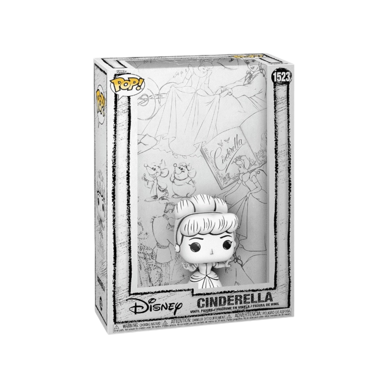 A Sketched black and version of the famous Disney character cinderella in a funko pop