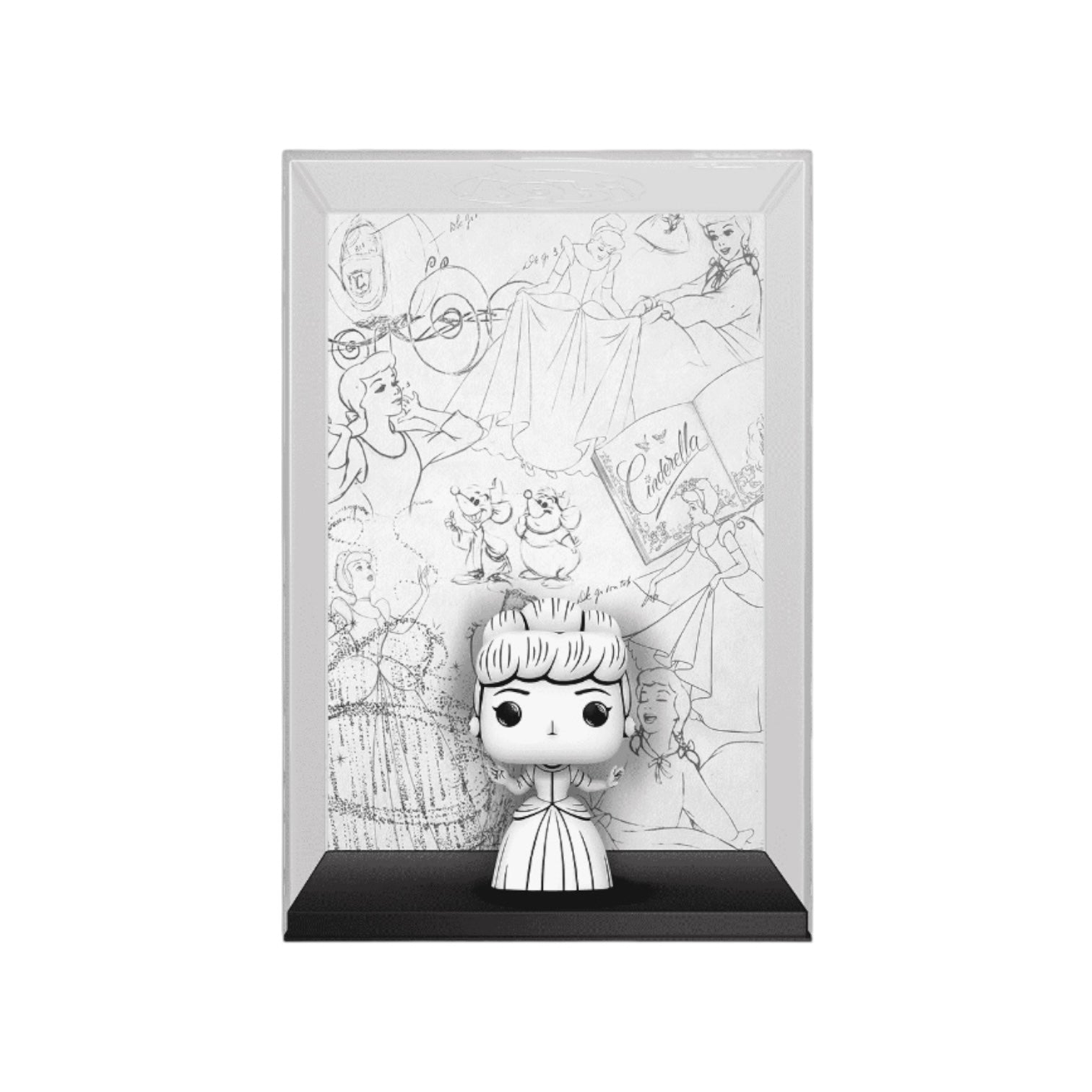 A Sketched black and version of the famous Disney character cinderella in a funko pop