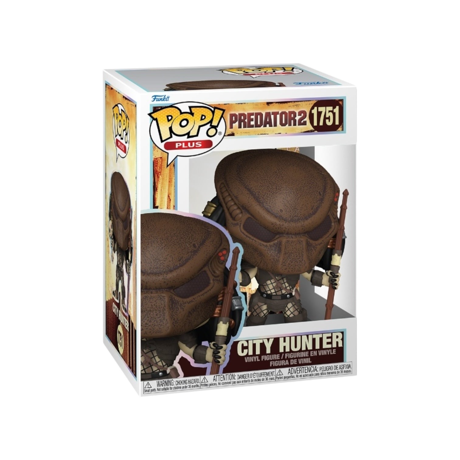 showing a stylized vinyl figure of the City Hunter holding a spear, wearing armor, and featuring a large, detailed helmet with brown and black shading."