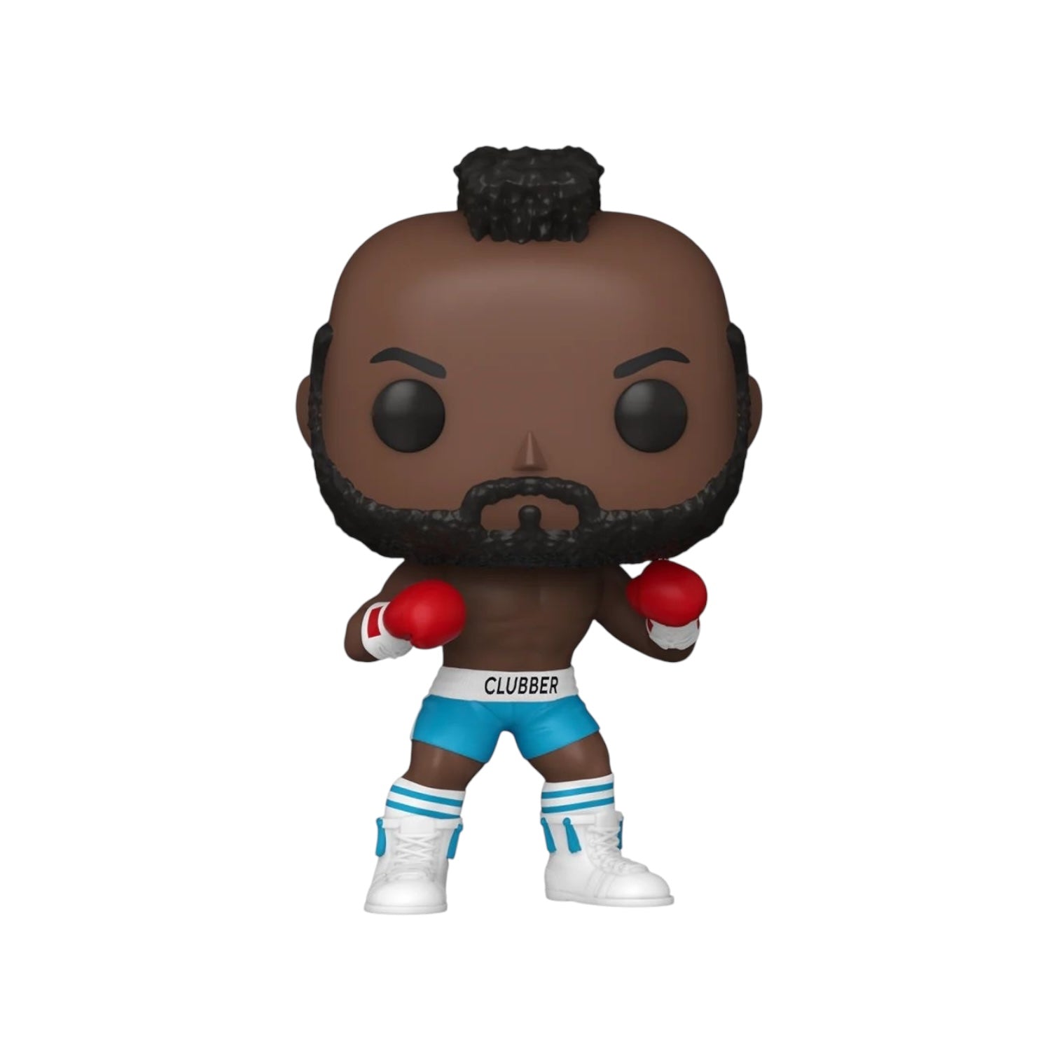 Clubber Lang wearing his blue boxing shorts with white detail to match his Shoes whit red boxing gloves 