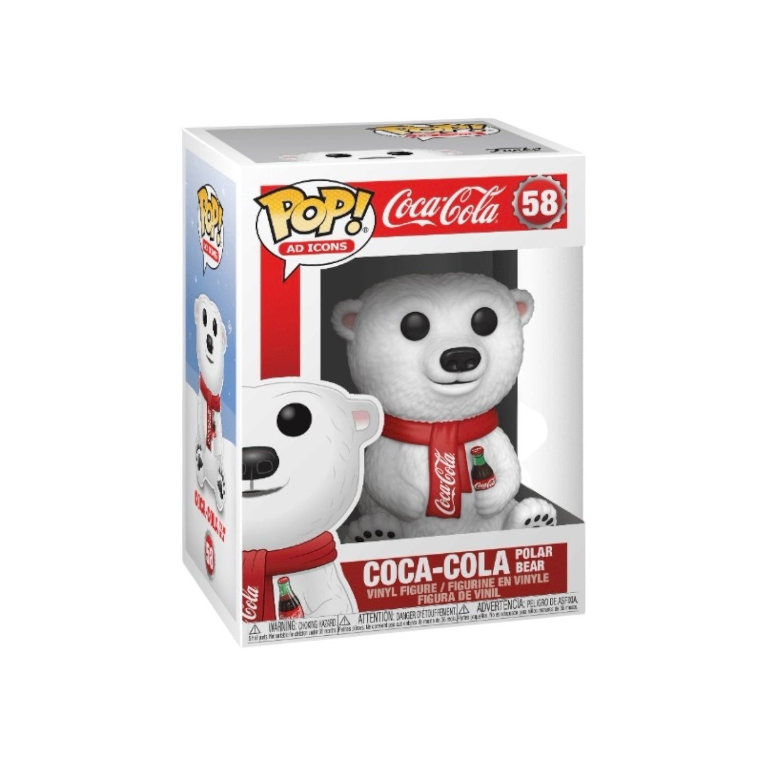 Polar Bear sitting wearing a red scarf and holding a glass bottle of coca cola