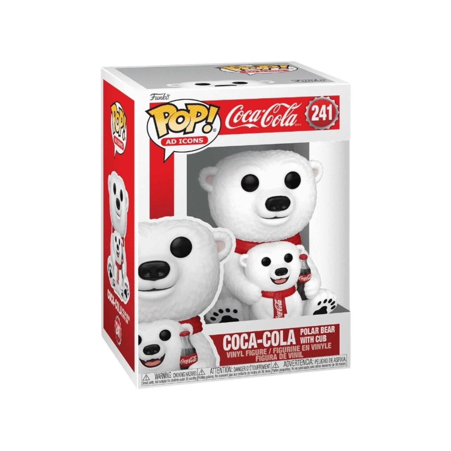 the iconic Coca-Cola polar bears, complete with their signature scarves and one holding a classic Coca-Cola bottle.