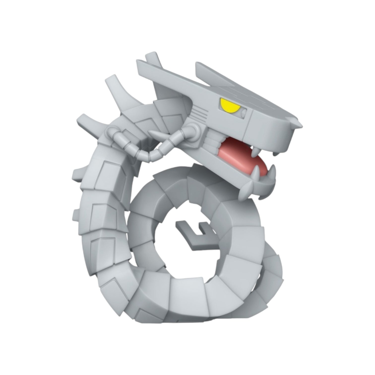 A grey dragon toy figure featuring a prominent yellow eye, showcasing intricate details and a fierce expression.