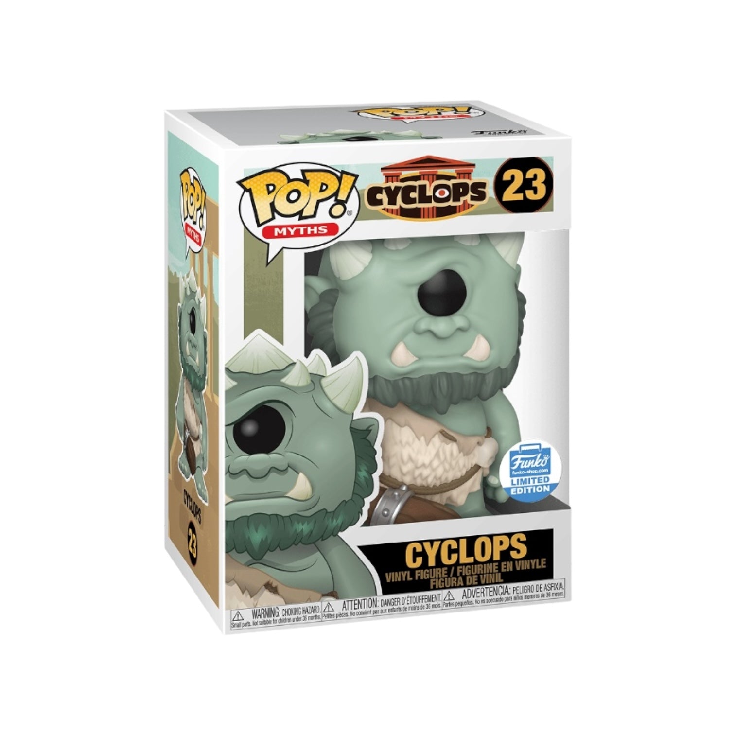 Funko Pop Cyclops #23 from Myths series, featuring a colorful design of the one-eyed character in a playful pose.