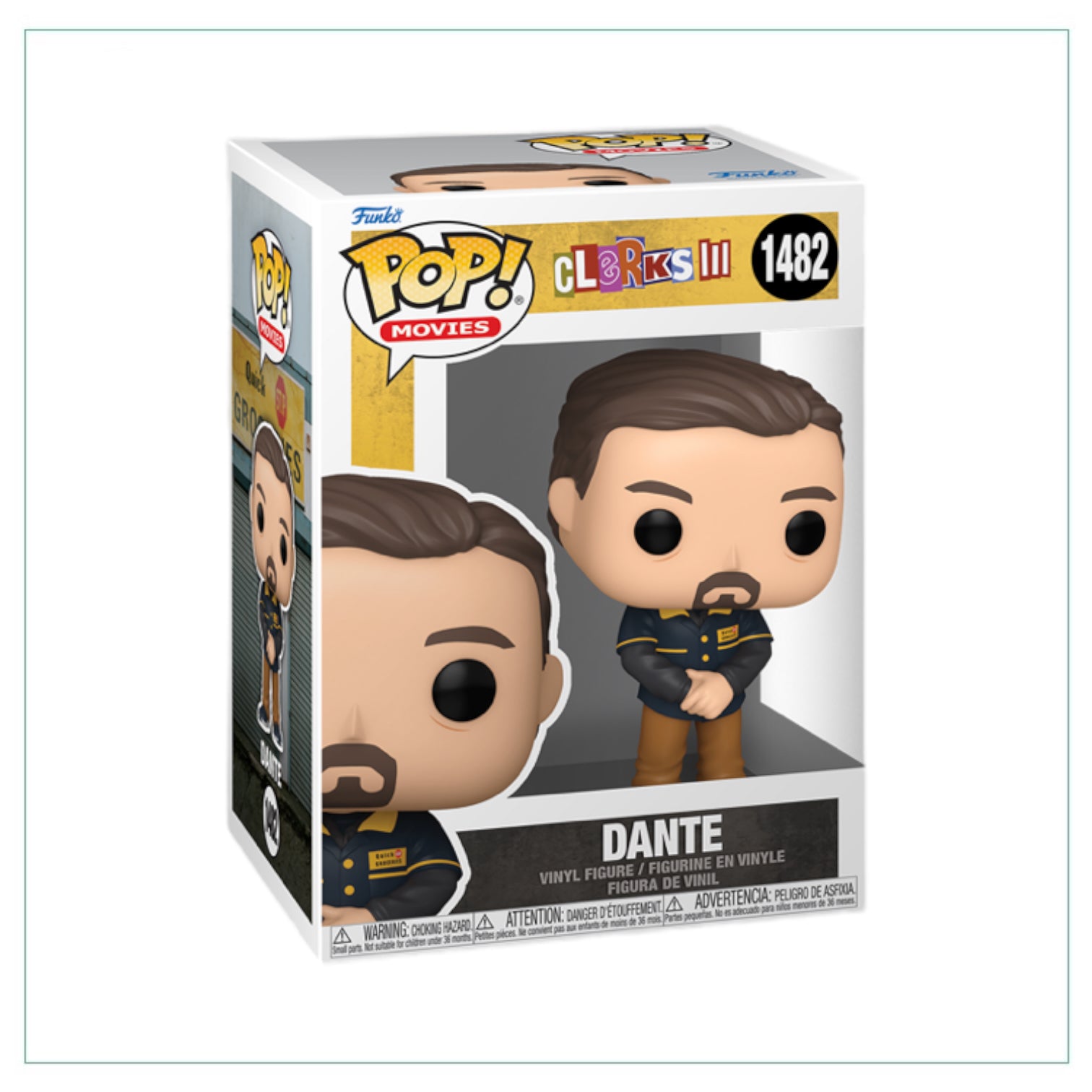 Dante from Clerks 3 as a Funko Pop! collectible, featuring his signature outfit and a charming, animated expression.