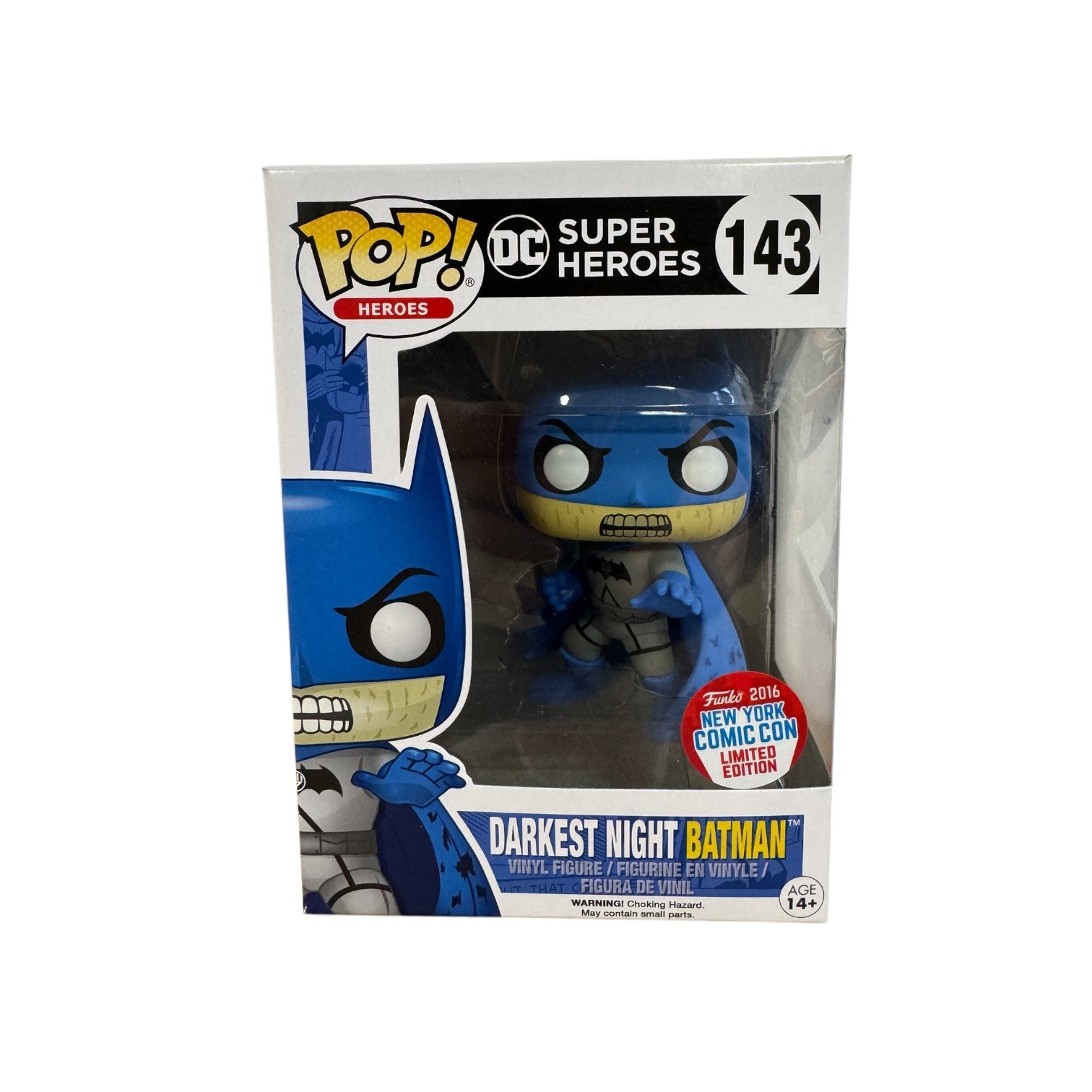 Batman dressed in blue outfit, blue cape and blue mask. 