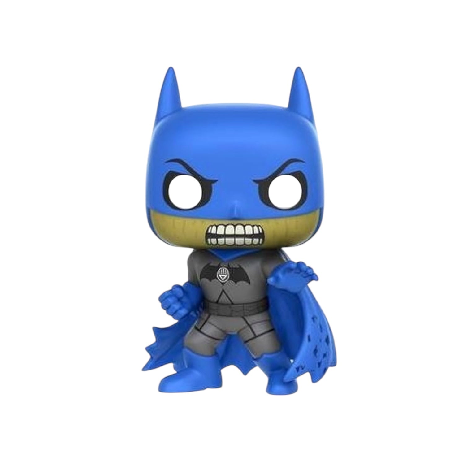 Batman dressed in blue outfit, blue cape and blue mask. 