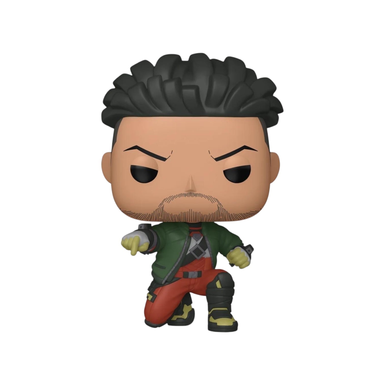 Deadshot wearing a green jacket and red pants black boots, posing down on one knee 