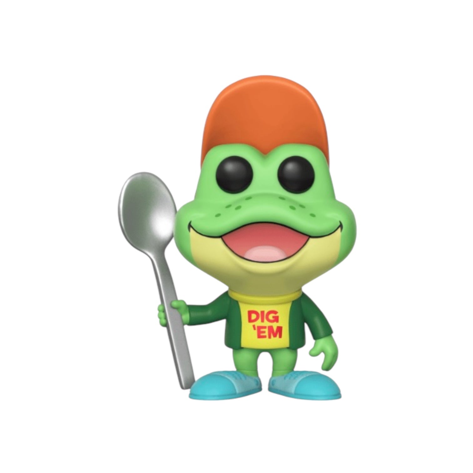 Frog with orange hat, green jacket and yellow t-shirt holding a giant spoon.