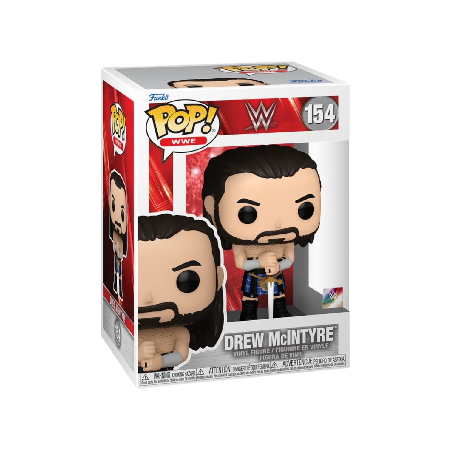 Funko Pop! figure of Drew McIntyre, number 154, showcasing the WWE superstar in a dynamic pose with signature attire.