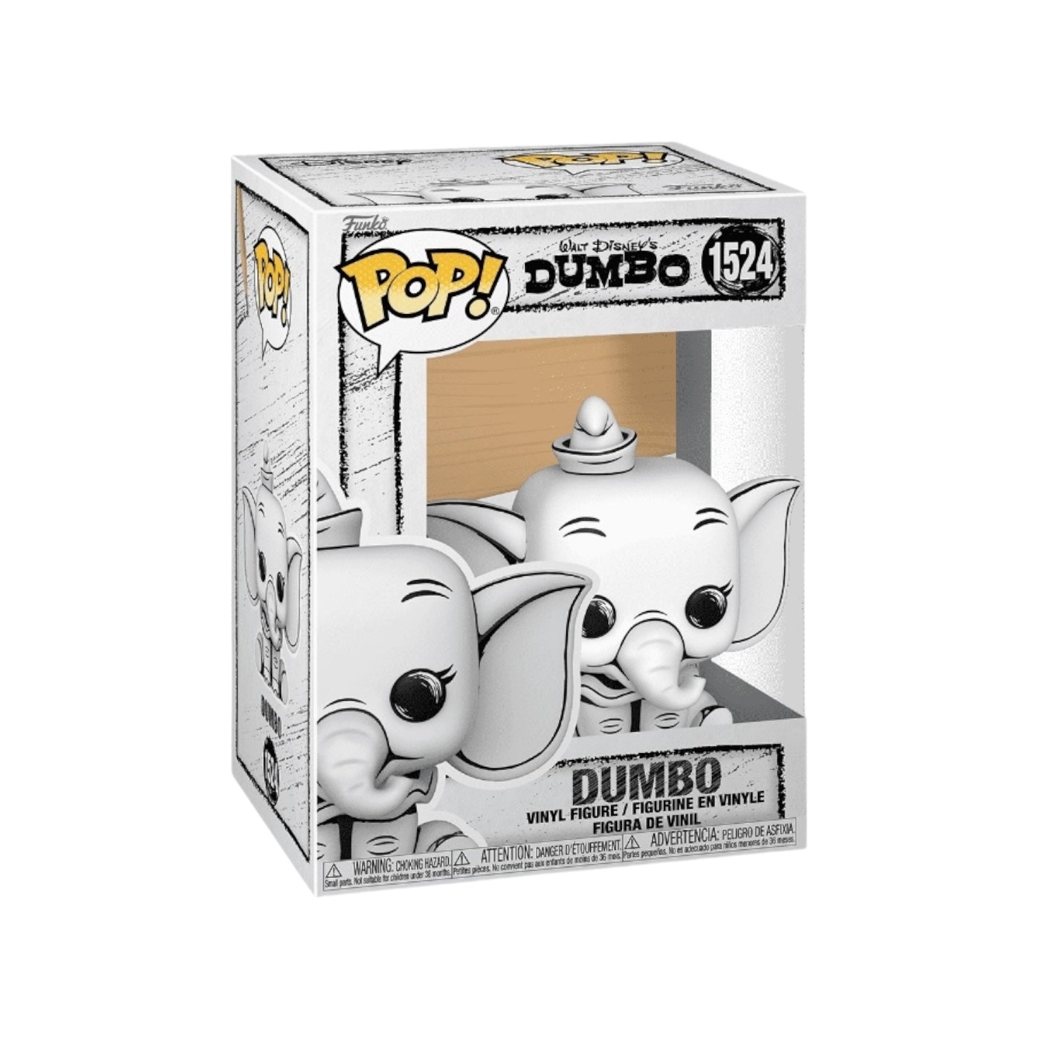 hand-sketched black and white design of Dumbo in a funko pop 