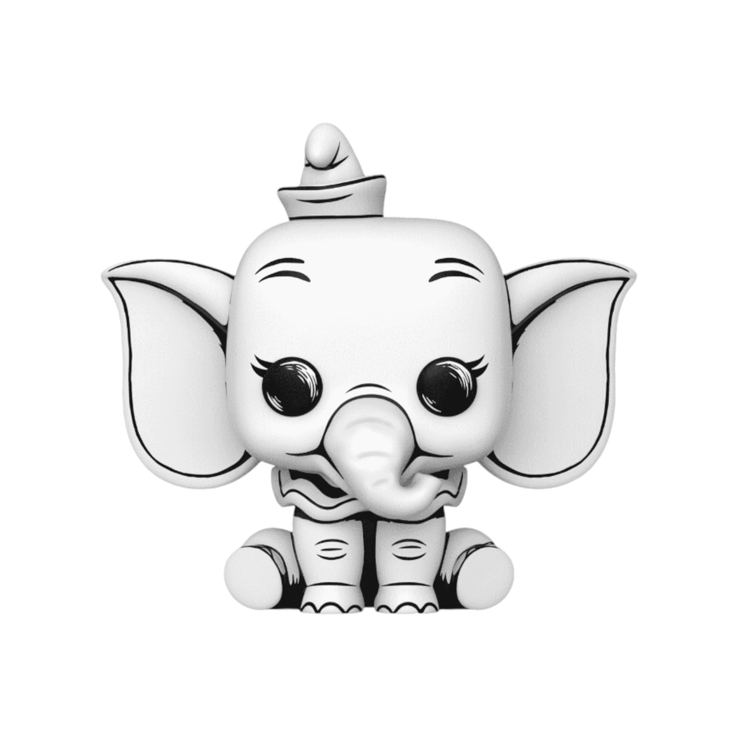 hand-sketched black and white design of Dumbo in a funko pop out of box 