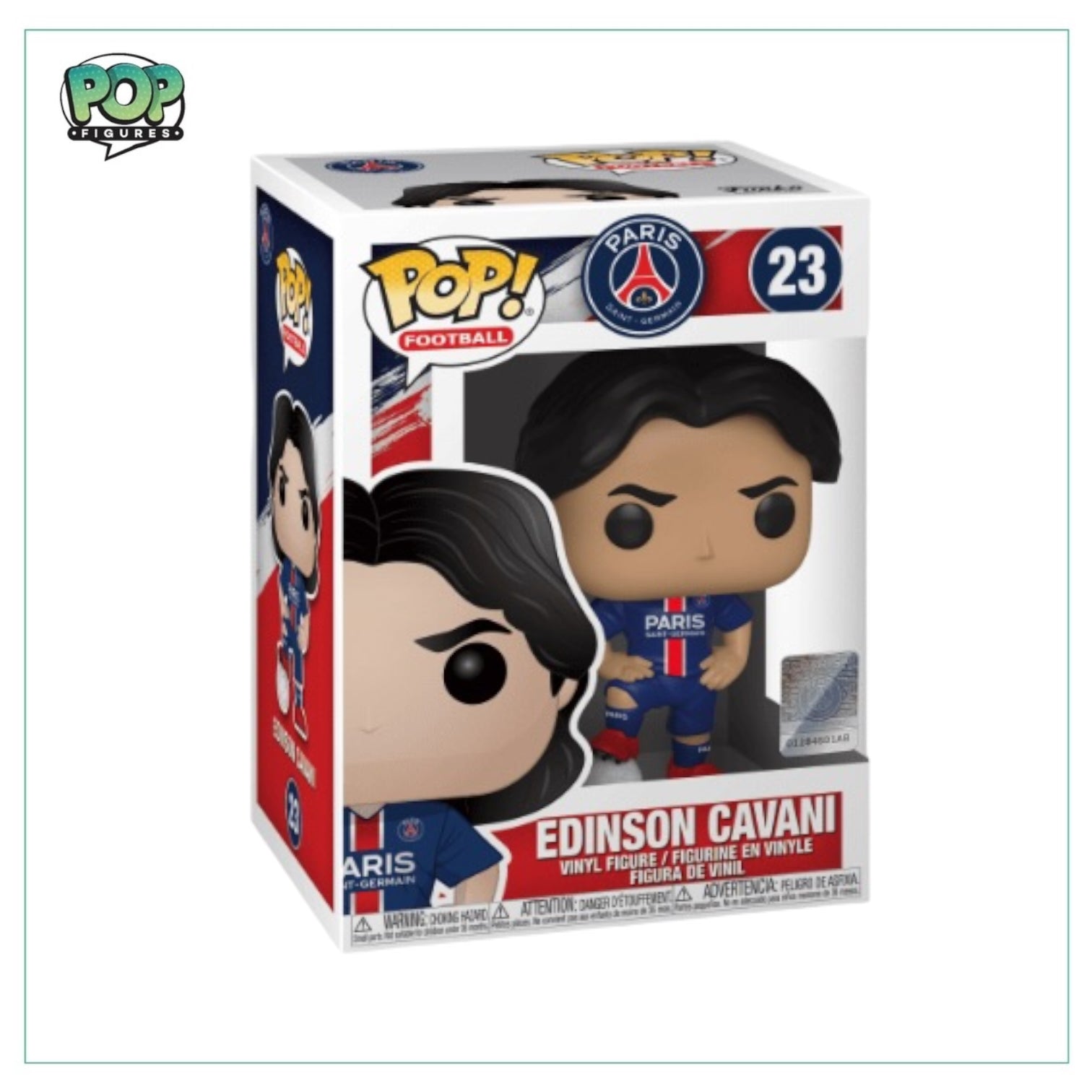 Funko Pop! of Edinson Cavani #23 in PSG attire, capturing his likeness and team spirit in a collectible figure.