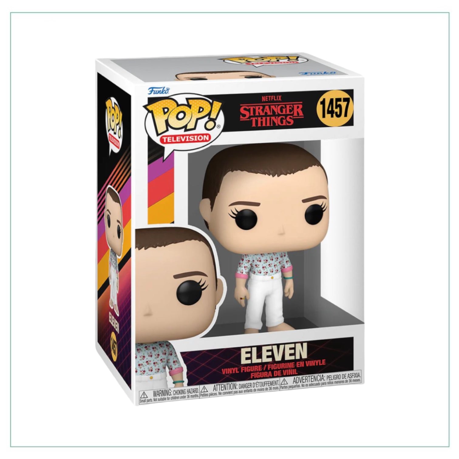 Eleven #1457 Funko Pop! figure from Stranger Things, showcasing her iconic look with a serious expression and stylish outfit.