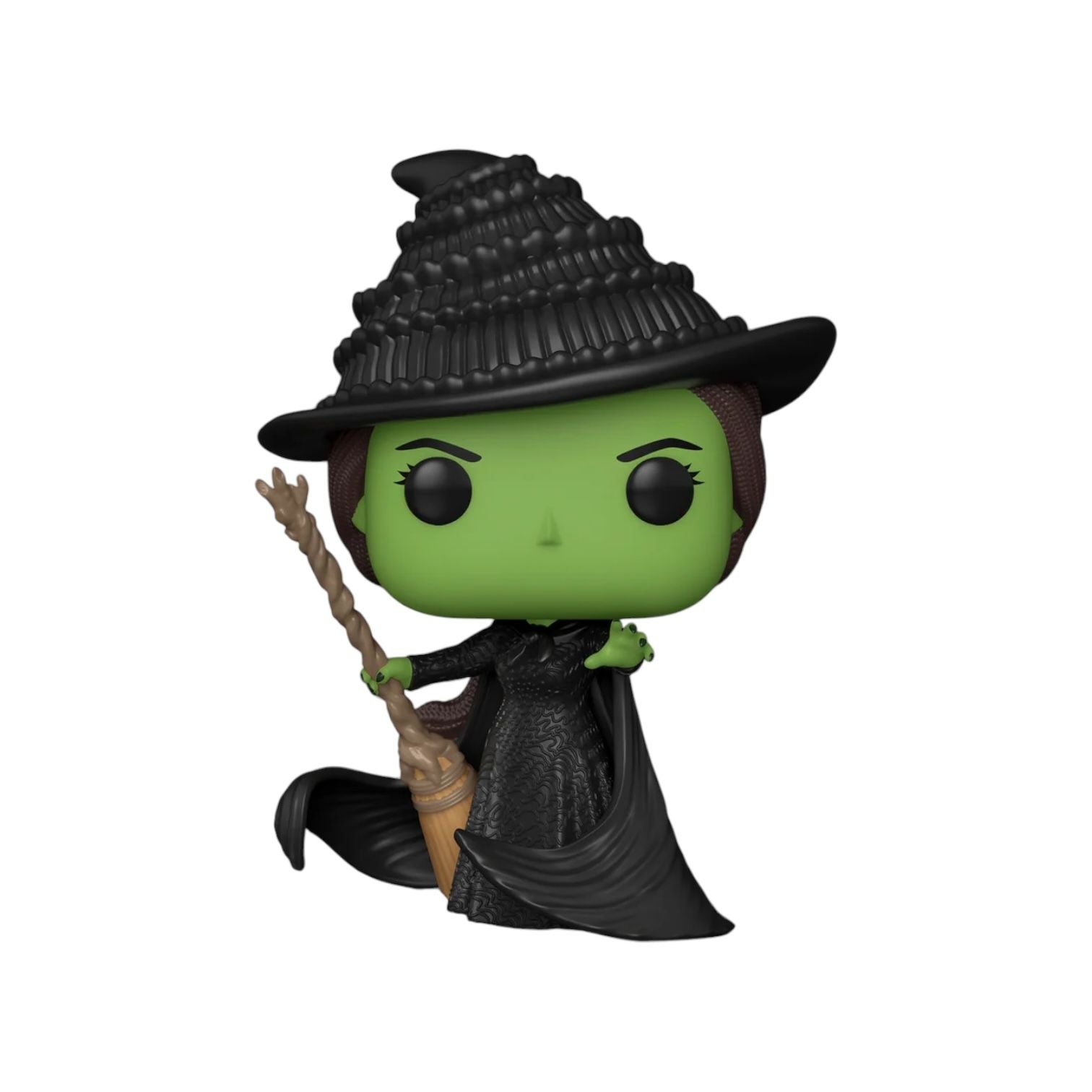 Wicked Green witch wearing a Black dress and Cloak with black pointy hat hold a brown broomstick 