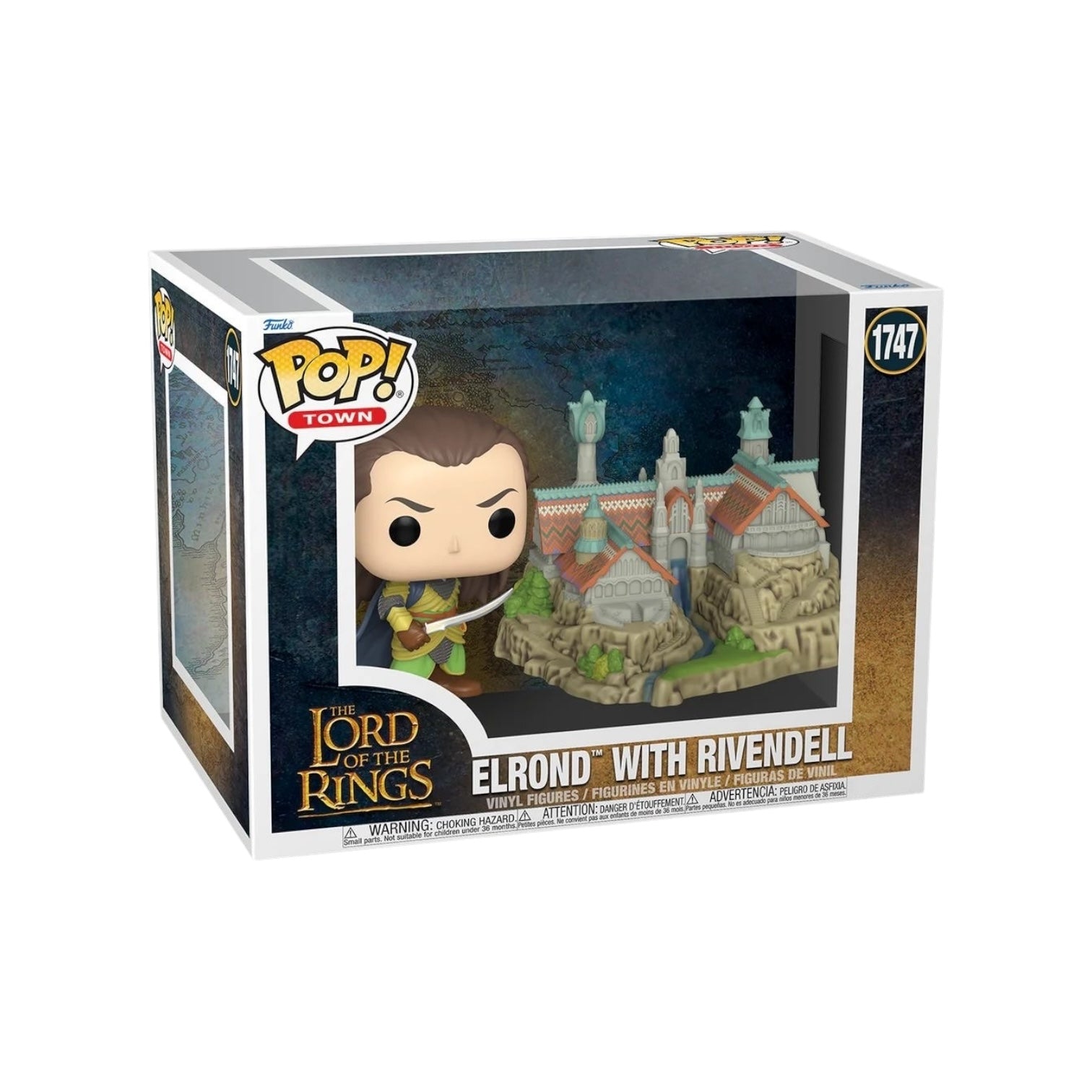 Elrond with Rivendell 1747 Funko Pop, Elrond wearing his iconic battle attire, standing next to the Council of Elrond Meeting place 