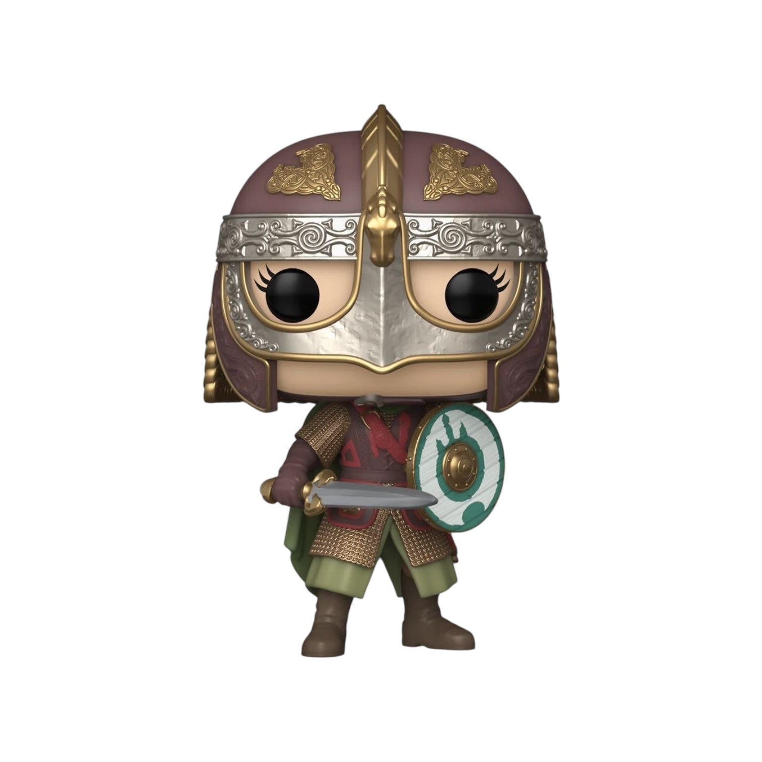 owyn wearing battle attire holding a sword and shield, wearing a detailed helmet with full mask front, out of packaging 
